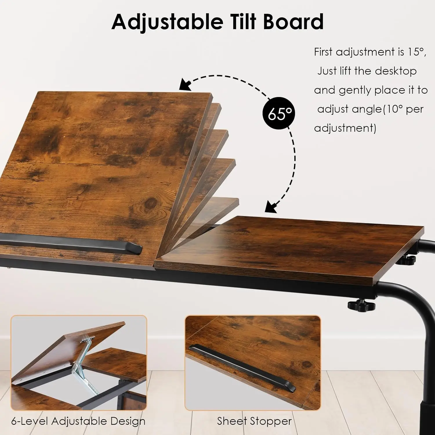 Overbed Table with Wheels,60.6-84.2″ Mobile Bed Desk,Rolling Computer Desk, Laptop Cart,W/0-65°Tilt Stand,4 Heights,6 Lengths