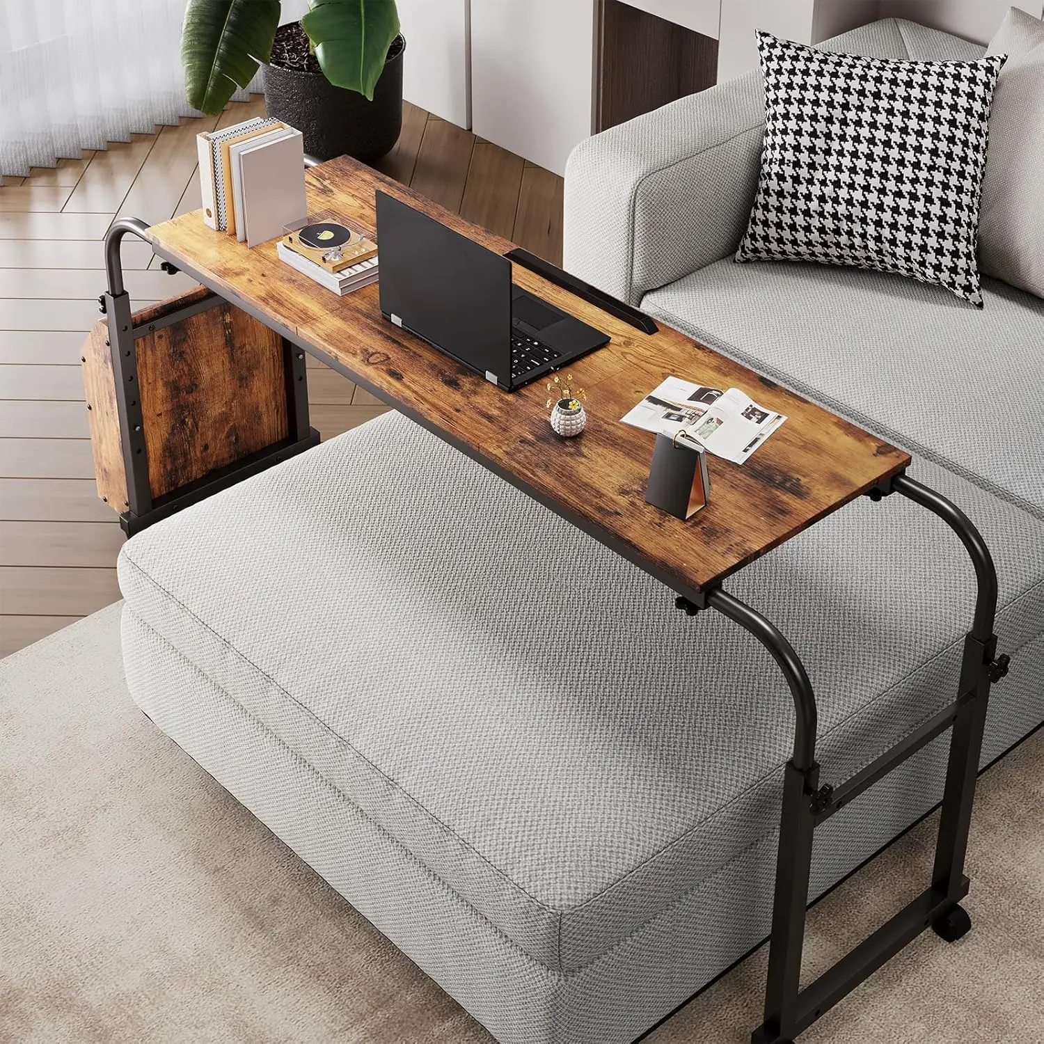 Overbed Table with Wheels,60.6-84.2″ Mobile Bed Desk,Rolling Computer Desk, Laptop Cart,W/0-65°Tilt Stand,4 Heights,6 Lengths