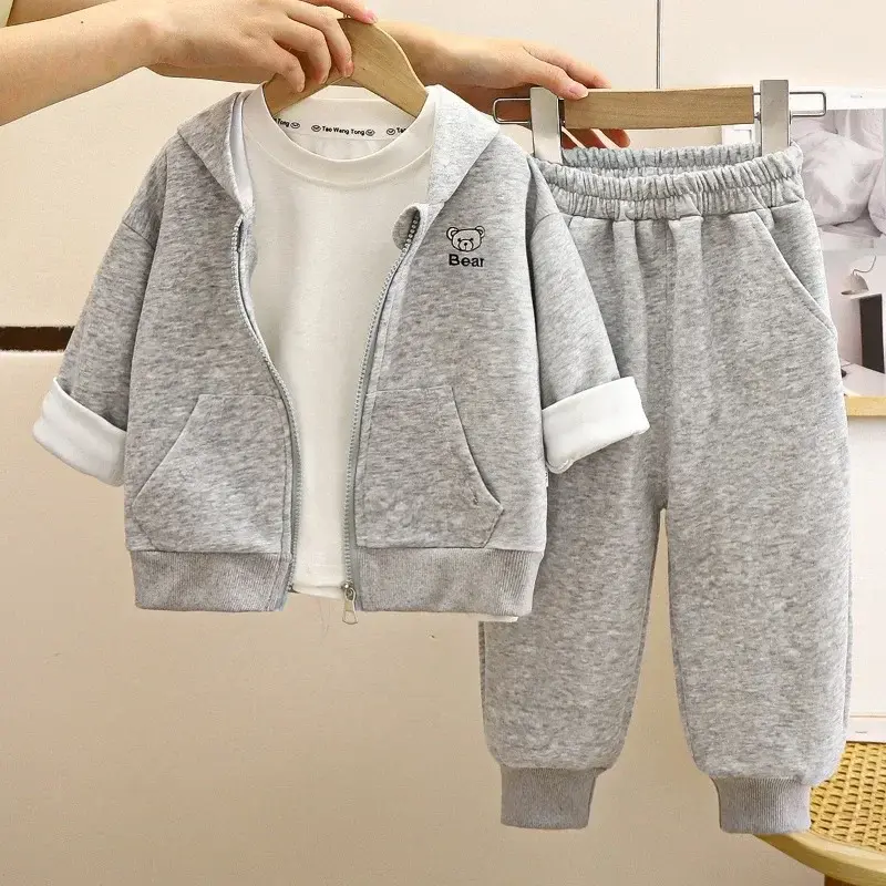 New Cute Bear Baby Girl Boys Clothes Sets  Autumn Long Sleeve Suit Hooded Jacket Coat Pants 2 Pcs Set Children Zipper Clothes