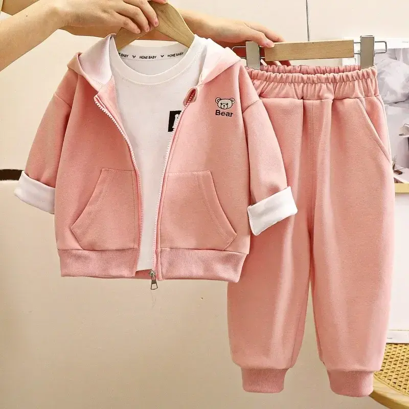 New Cute Bear Baby Girl Boys Clothes Sets  Autumn Long Sleeve Suit Hooded Jacket Coat Pants 2 Pcs Set Children Zipper Clothes