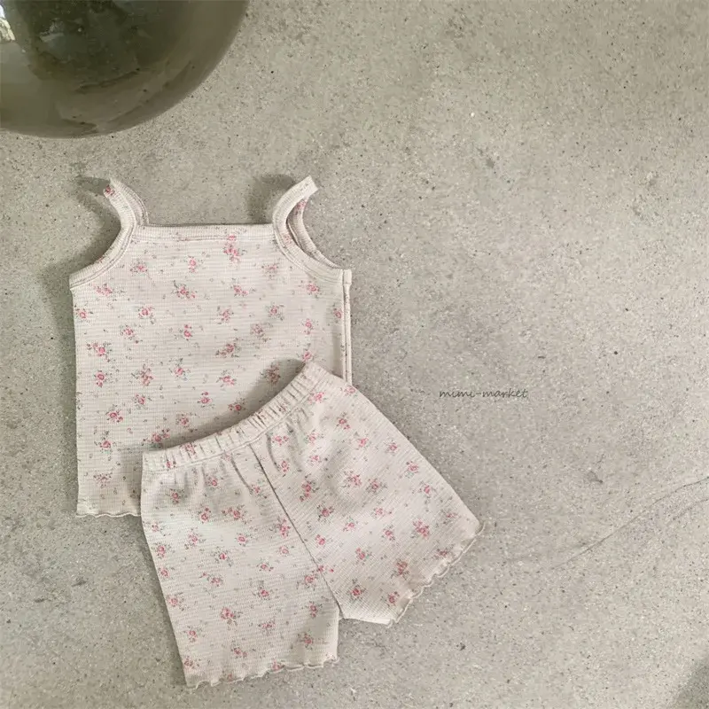 Baby Girl Retro Floral Sling T-shirt Boy Cool Sleeveless Tops And Thin Soft Breathable Cotton Shorts 2pc Set Kid Refreshing Suit