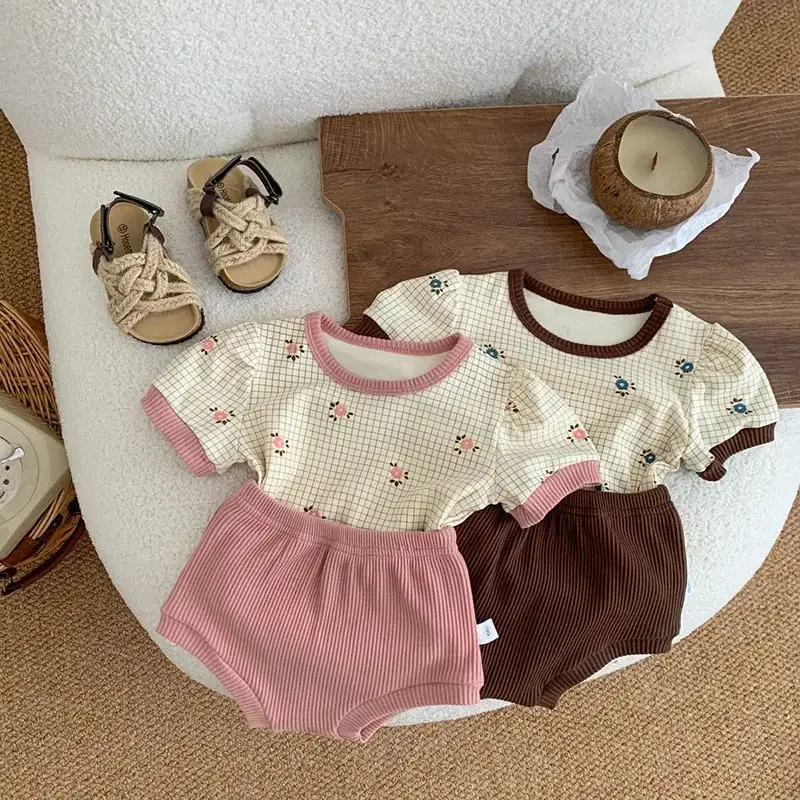 ‌Baby Girl Summer Outfits 2025 Floral Print Round Neck Short Sleeve + Bloomers 2-Piece Set Cotton Infant Clothes Cute Romper