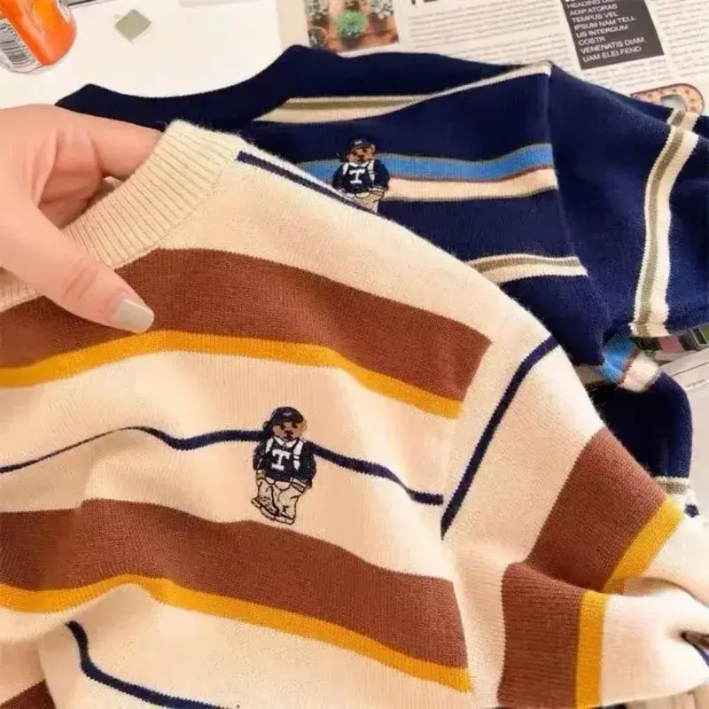 Children's Cute Bear Sweater Autumn and Winter 2023 Baby Striped Pullover Bottoming Shirt Boy Girl Cartoon Fashion Soft Sweaters