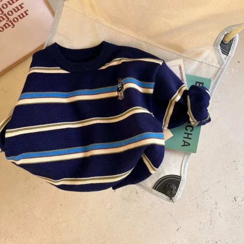 Children's Cute Bear Sweater Autumn and Winter 2023 Baby Striped Pullover Bottoming Shirt Boy Girl Cartoon Fashion Soft Sweaters