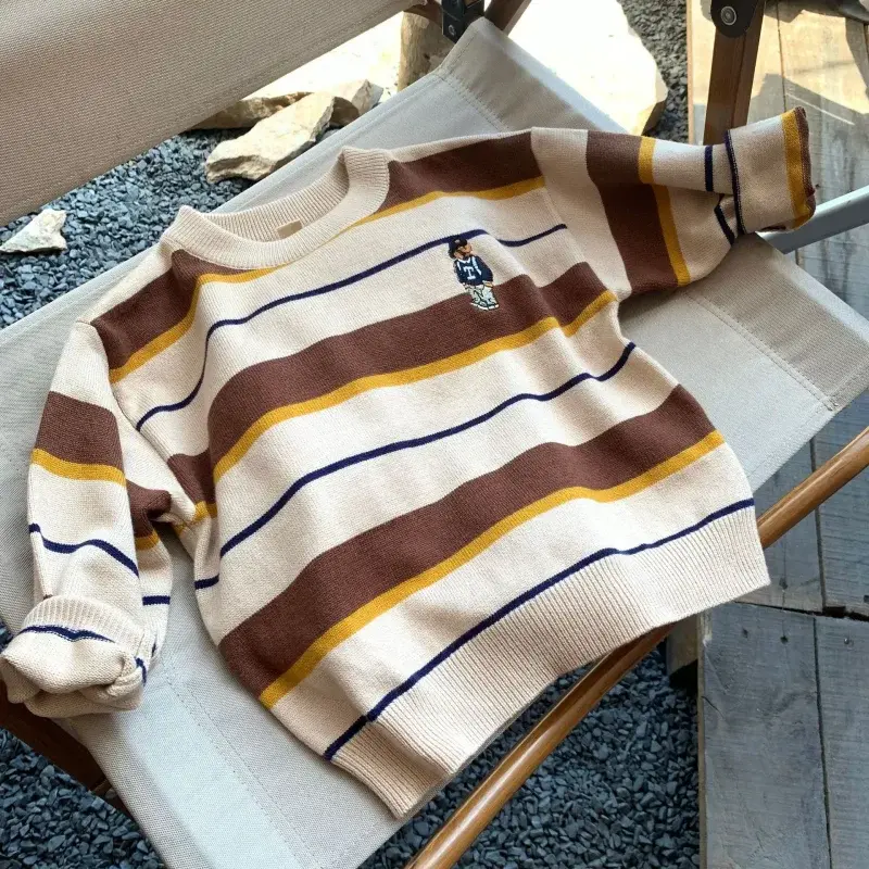 Children's Cute Bear Sweater Autumn and Winter 2023 Baby Striped Pullover Bottoming Shirt Boy Girl Cartoon Fashion Soft Sweaters