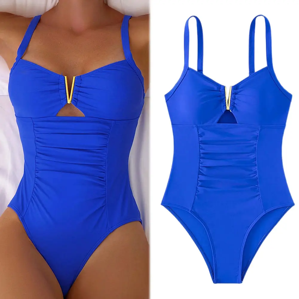 Women One Piece Swimsuit V-Neck Summer Beach Bikini Set Solid Color Curvy Modest Bathing Suit for Summer Vacation Travel