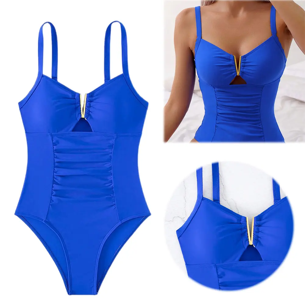 Women One Piece Swimsuit V-Neck Summer Beach Bikini Set Solid Color Curvy Modest Bathing Suit for Summer Vacation Travel
