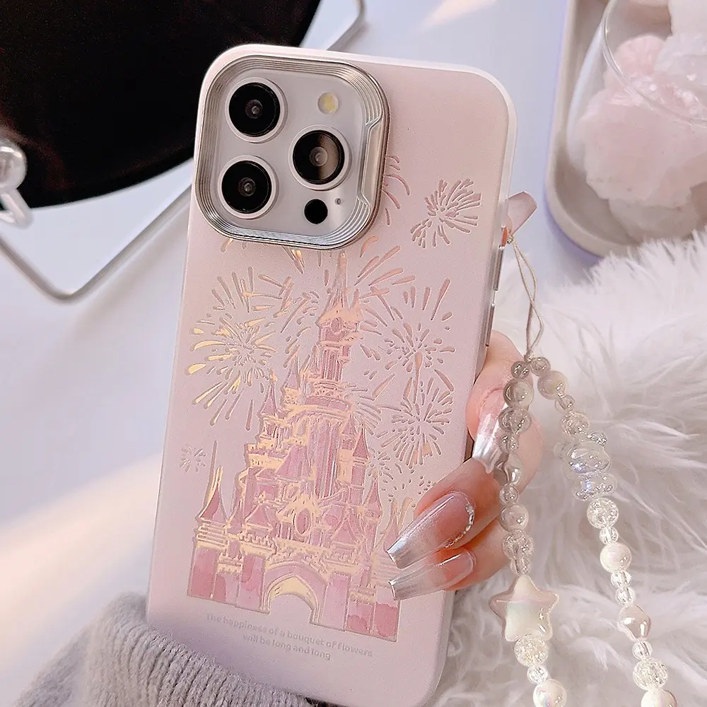 Pink Glitter Castle Phone Case With Lanyard For iPhone 17 Air 16 15 14 13 12 Pro Max Plus Princess Fairytale Phone Case Cover