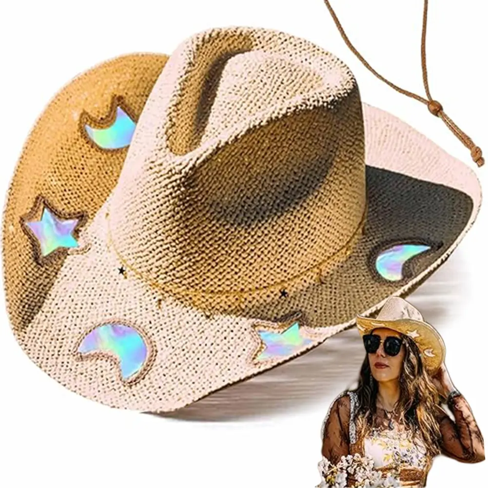 Straw Cowgirl Hat for Women Girls Shapeable Cowgirl Hat Vintage Summer Woven Sun Hat for Summer Vacation