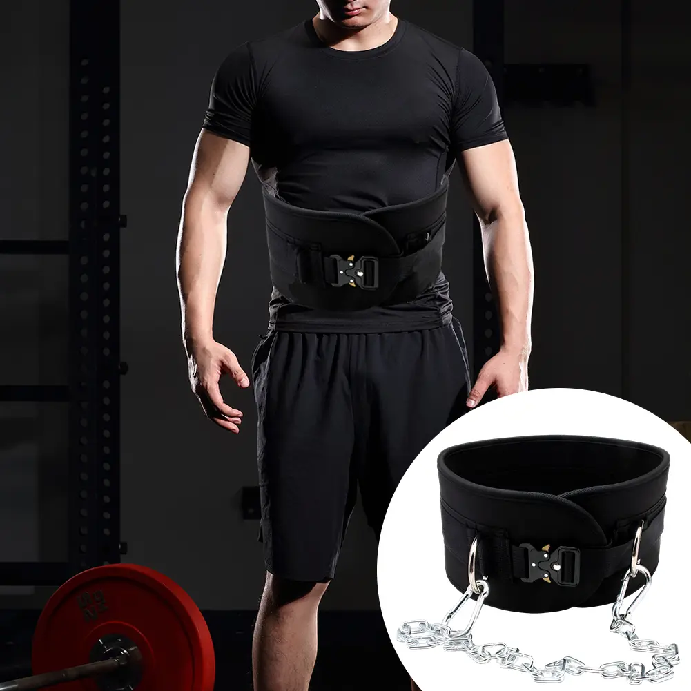 Fitness Dip Belt with 31inch Long Chain D-Ring Exercise Body Building Belt Gym Lifting Belt for Powerlifting Squat Bodybuilding