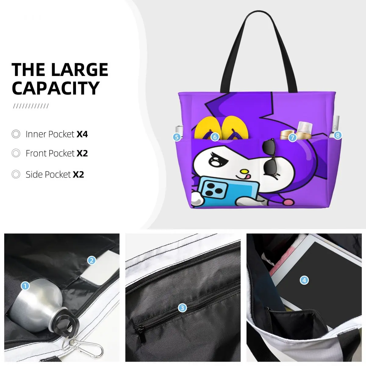 Custom Cute Kuromi Selfie Groceries Tote Shopping Bags Women Big Capacity Rabbit Beach Gym Travel Bags