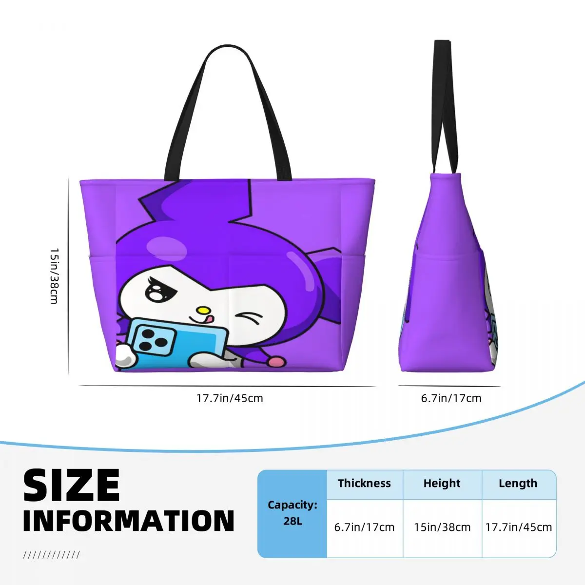 Custom Cute Kuromi Selfie Groceries Tote Shopping Bags Women Big Capacity Rabbit Beach Gym Travel Bags