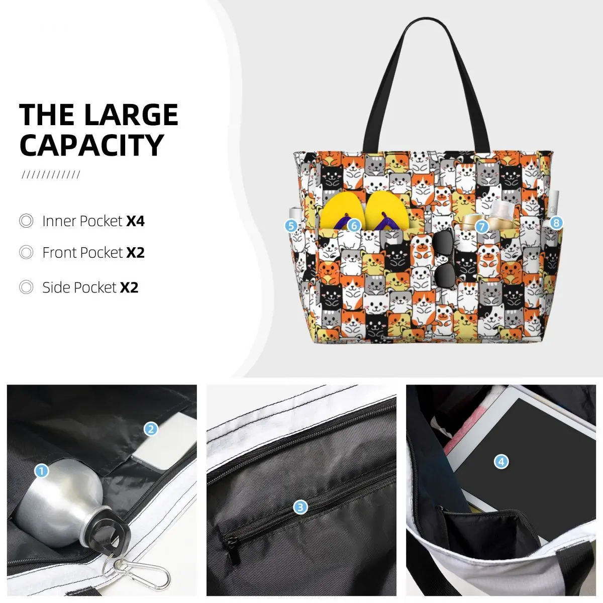 Custom Cute Kitten Cat Pattern Tote Bag Women Large Capacity Cartoon Animals Gym Beach Travel Bags