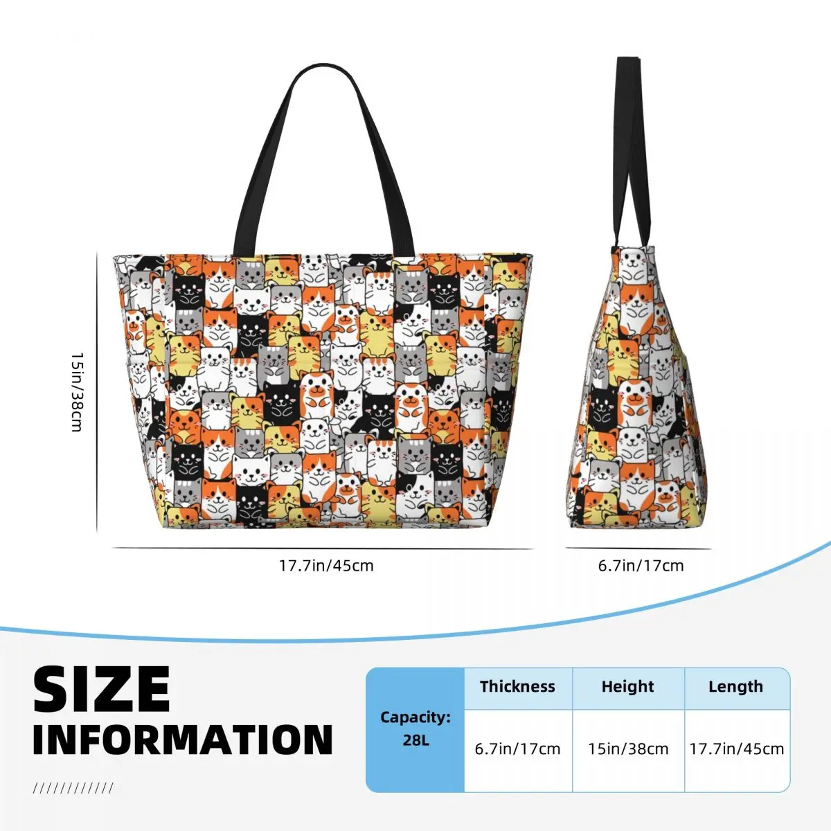Custom Cute Kitten Cat Pattern Tote Bag Women Large Capacity Cartoon Animals Gym Beach Travel Bags