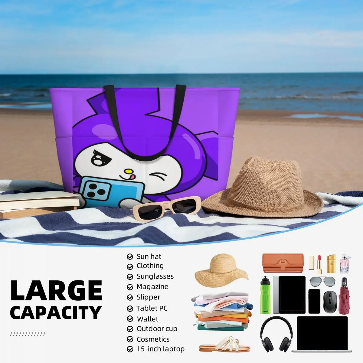 Custom Cute Kuromi Selfie Groceries Tote Shopping Bags Women Big Capacity Rabbit Beach Gym Travel Bags