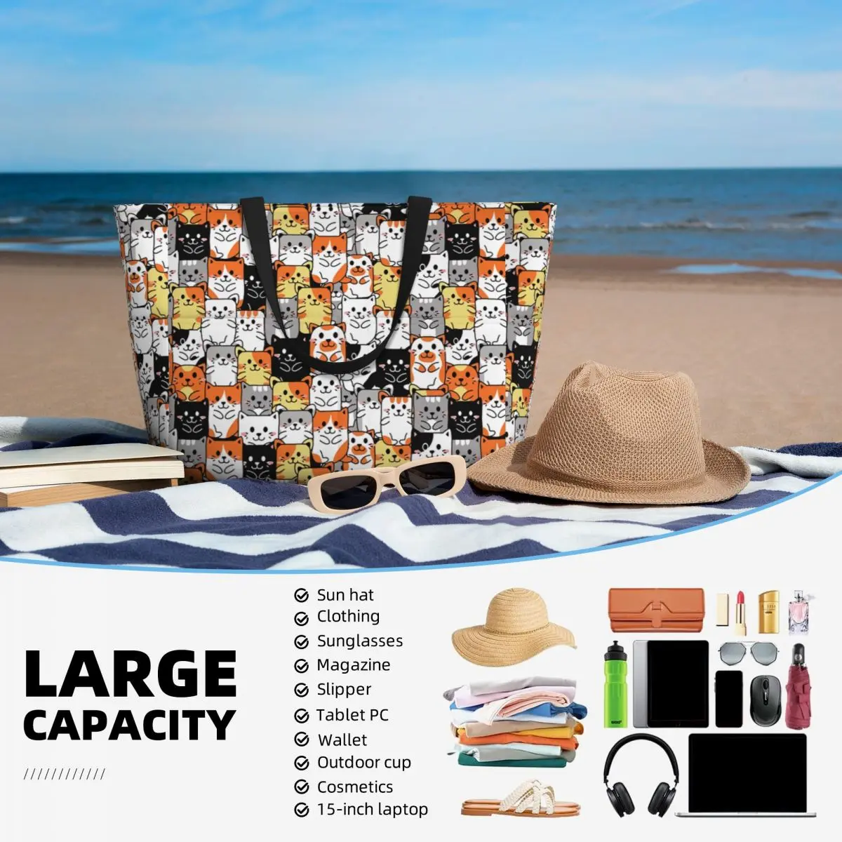 Custom Cute Kitten Cat Pattern Tote Bag Women Large Capacity Cartoon Animals Gym Beach Travel Bags