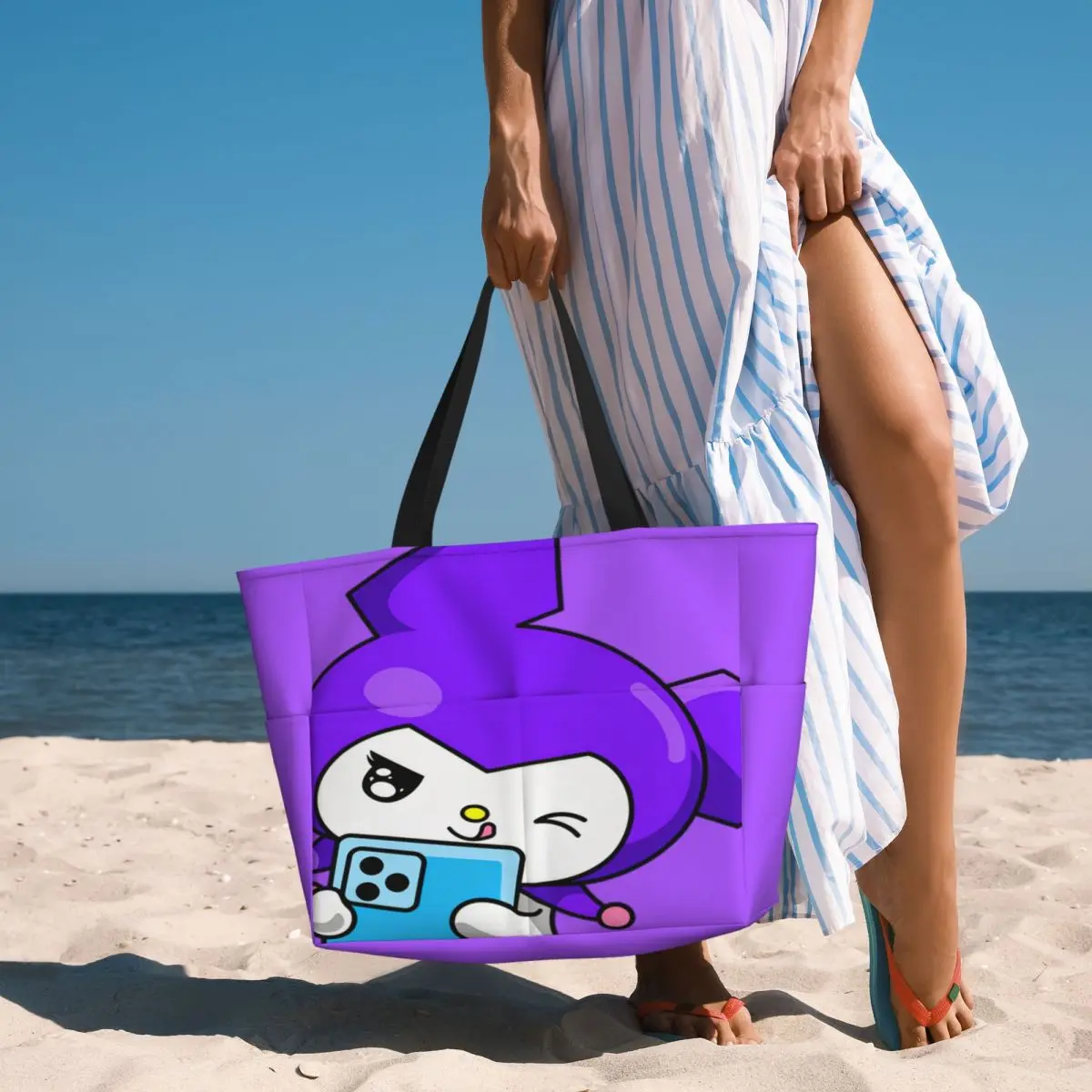 Custom Cute Kuromi Selfie Groceries Tote Shopping Bags Women Big Capacity Rabbit Beach Gym Travel Bags