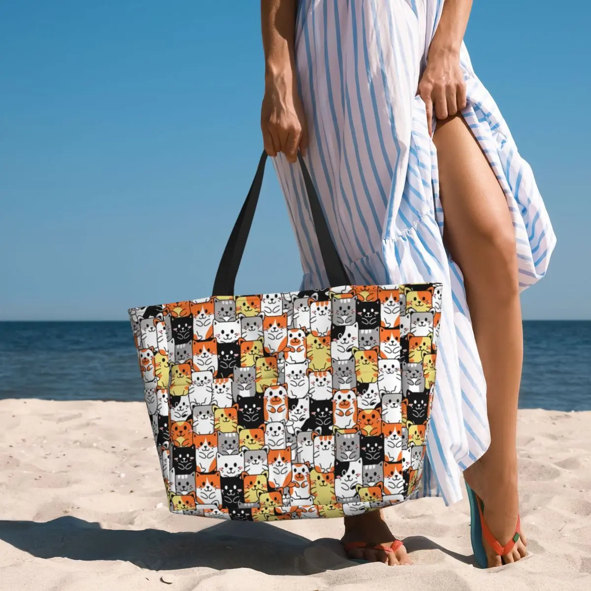 Custom Cute Kitten Cat Pattern Tote Bag Women Large Capacity Cartoon Animals Gym Beach Travel Bags