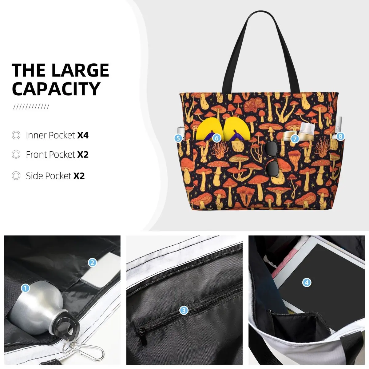 Custom Deadly Orange Mushrooms Tote Bag Women Big Capacity Beach Gym Travel Bags