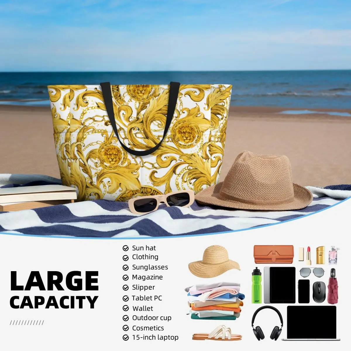 Custom Luxury Europe Retro Flower Beach Tote Bag Women Extra Large Gym Carry On Baroque Travel Shopping Bags