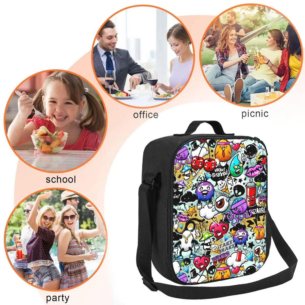 Custom Funny Streetart Graffiti Cartoon Art Insulated Lunch Bags for Women Thermal Cooler Food Lunch Box Outdoor Camping Travel