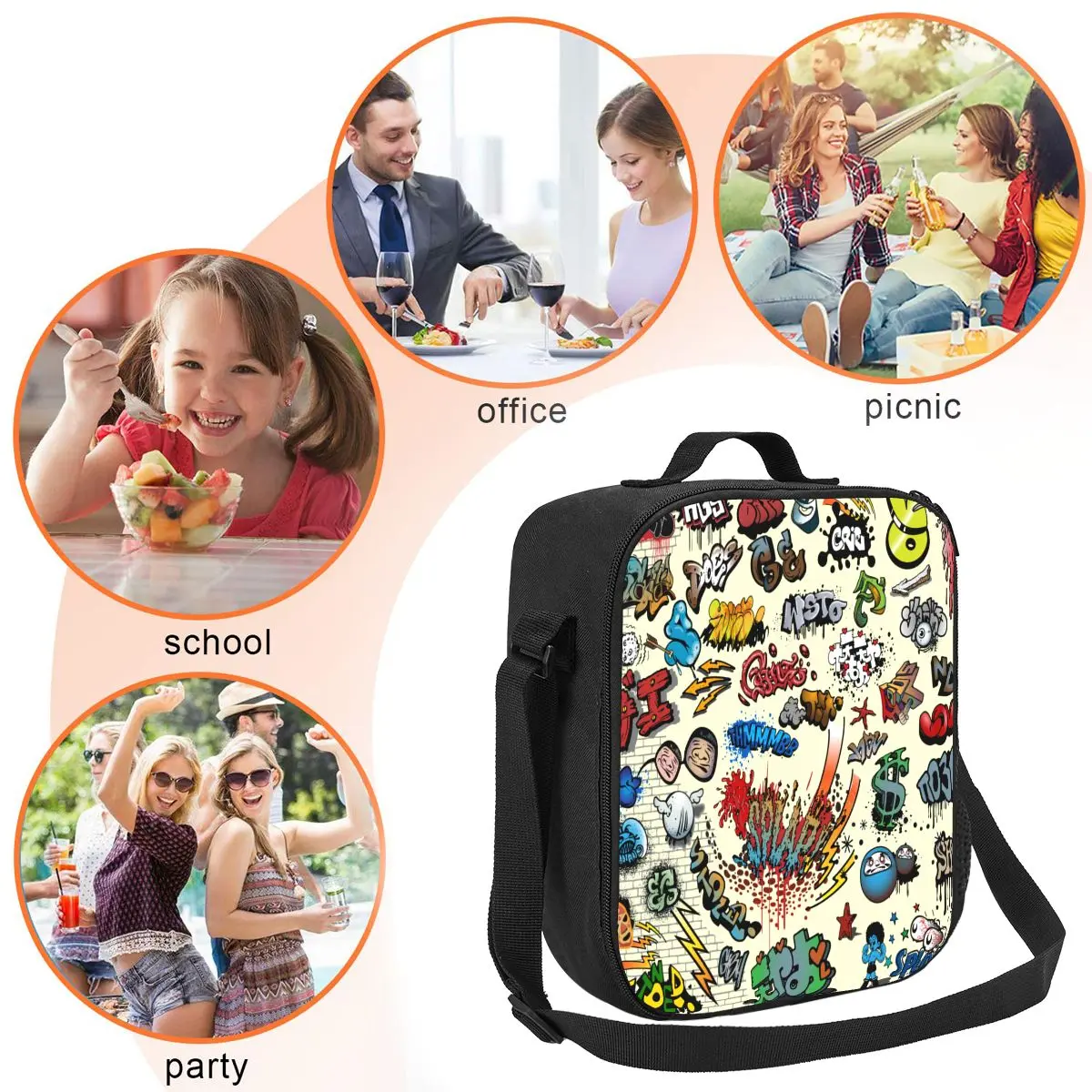 Custom Funny Graffiti Set Cartoon Street Style Insulated Lunch Bags for Camping Travel Thermal Cooler Bento Box Women Children