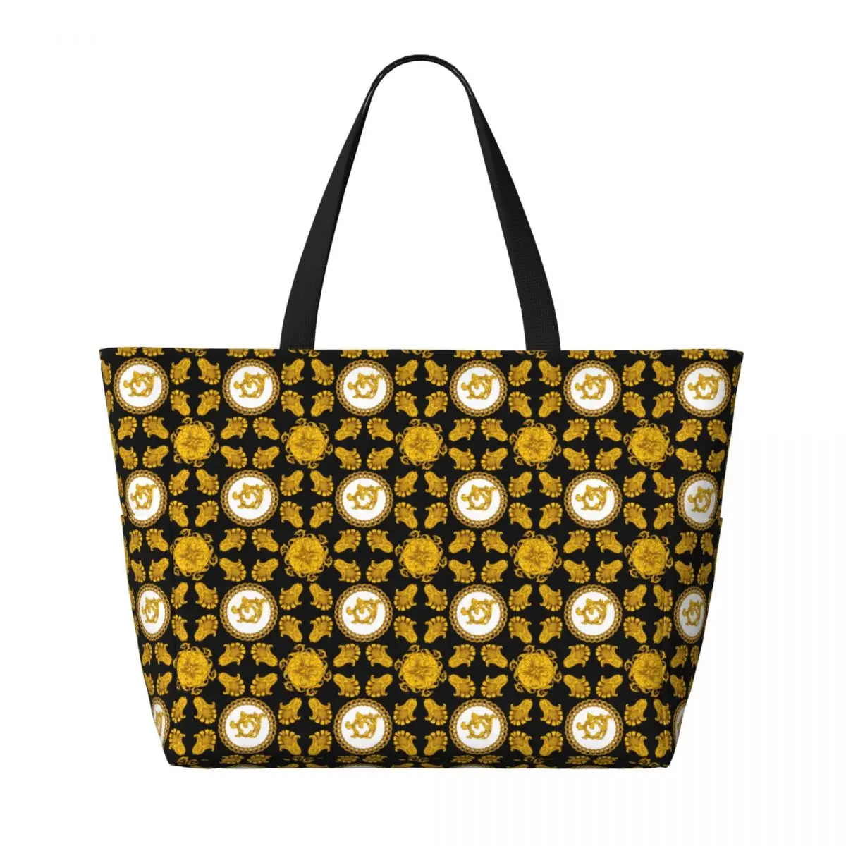 Custom Fashion Golden Floral Pattern Beach Tote Bag Women Baroque Large Compartment Beach Gym Travel Bags