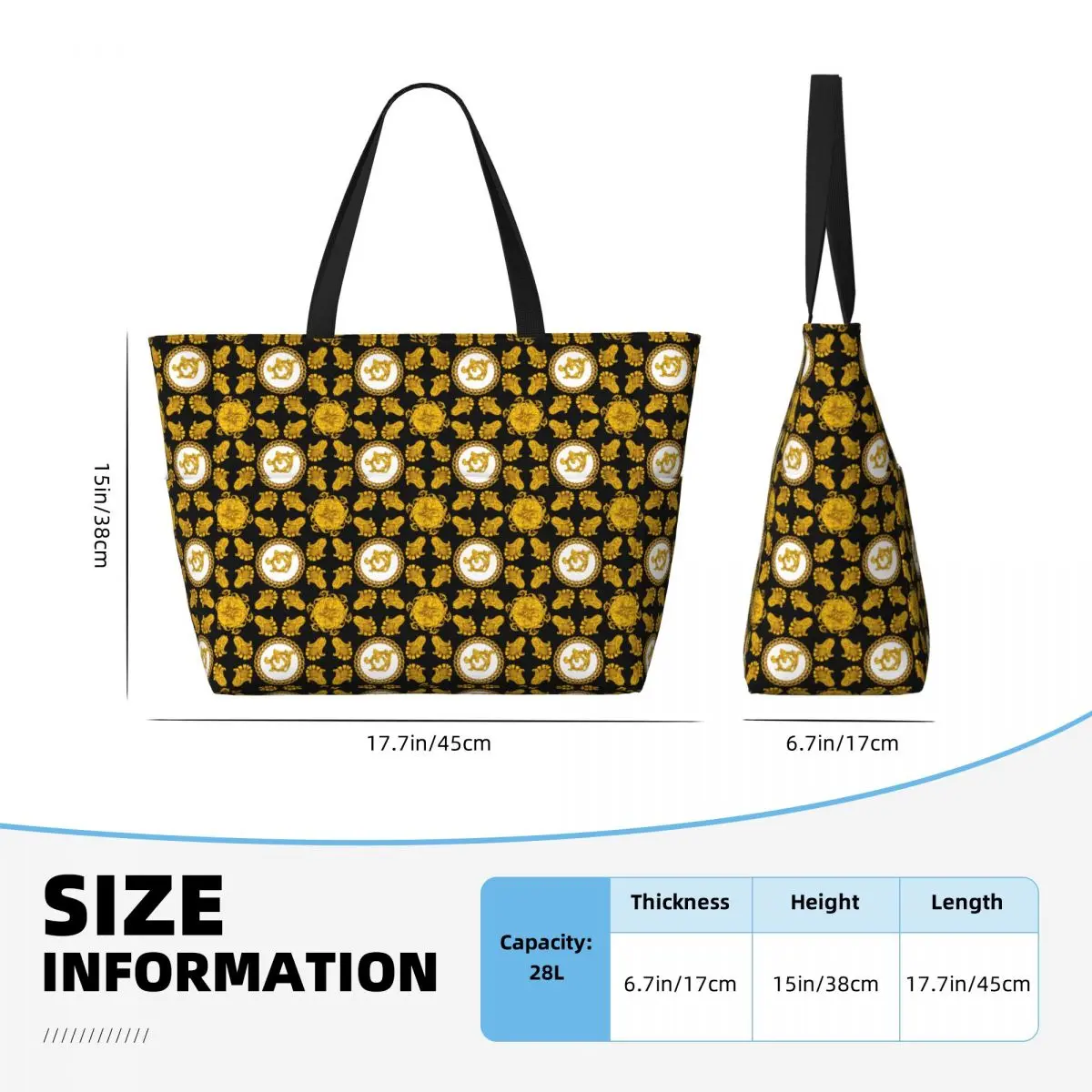 Custom Fashion Golden Floral Pattern Beach Tote Bag Women Baroque Large Compartment Beach Gym Travel Bags