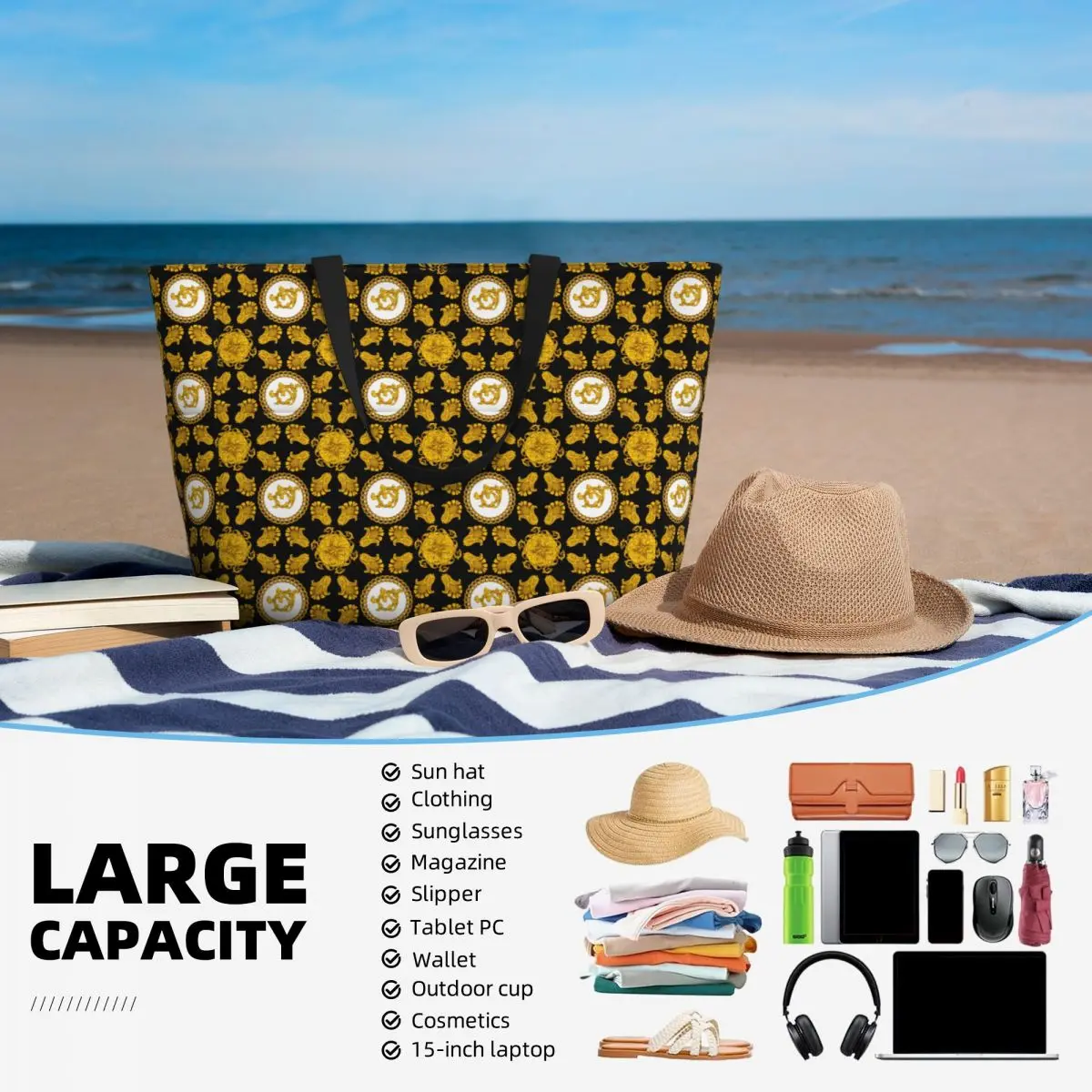 Custom Fashion Golden Floral Pattern Beach Tote Bag Women Baroque Large Compartment Beach Gym Travel Bags