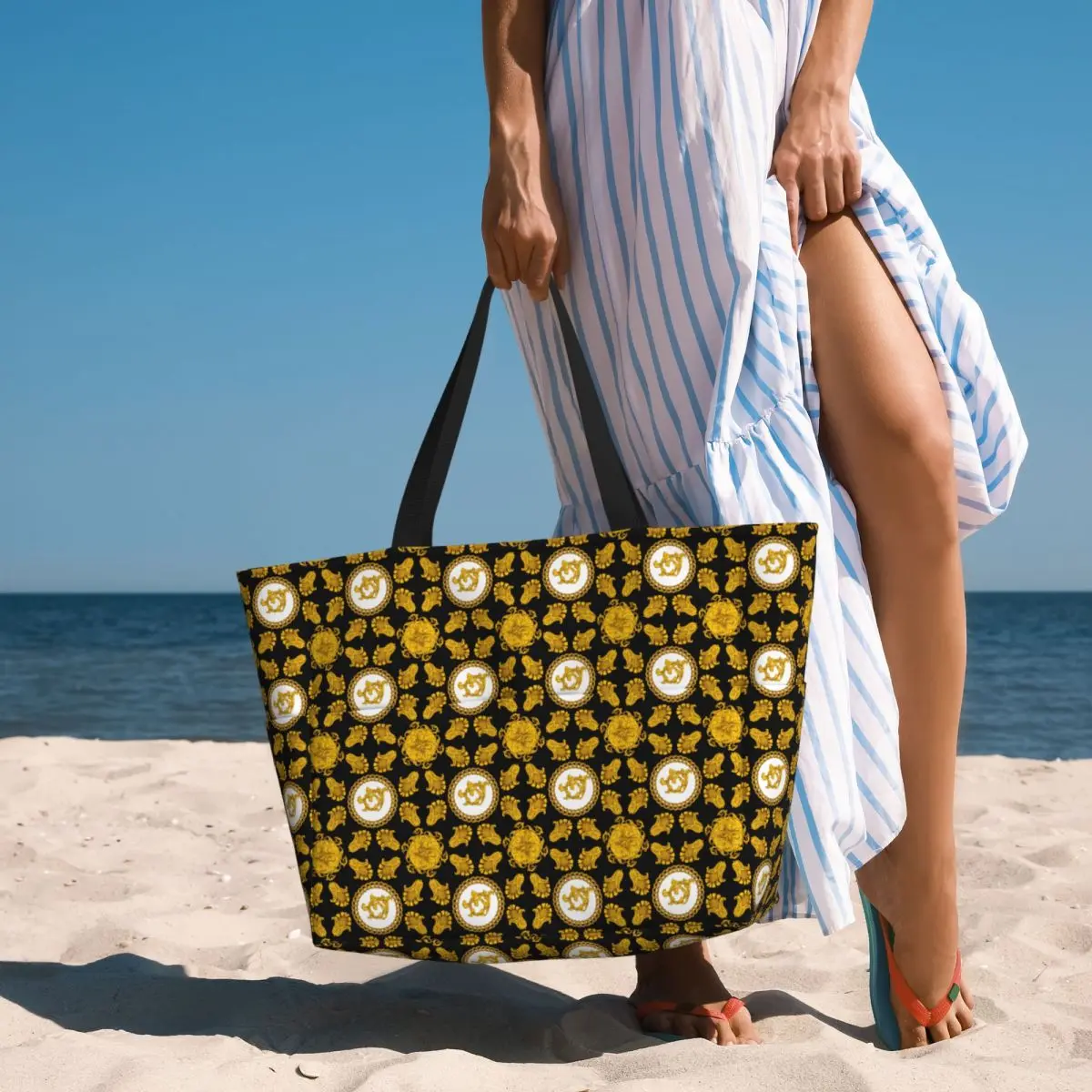 Custom Fashion Golden Floral Pattern Beach Tote Bag Women Baroque Large Compartment Beach Gym Travel Bags