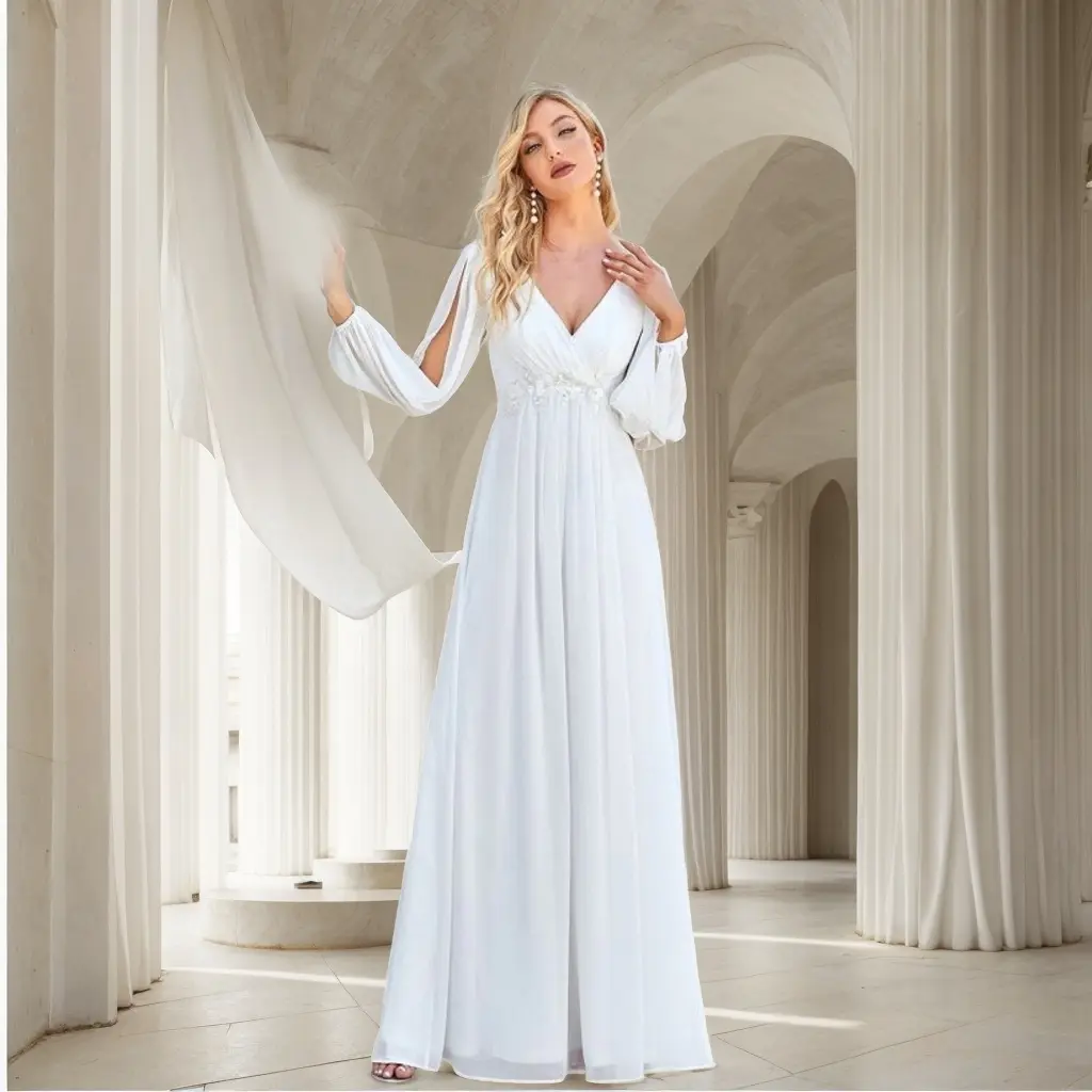 MisShow Elegant Evening Dresses Sexy V-Neck Split Long Sleeve Appliques Empire Prom Dress Chiffon A-Line Wedding Bridal Gowns