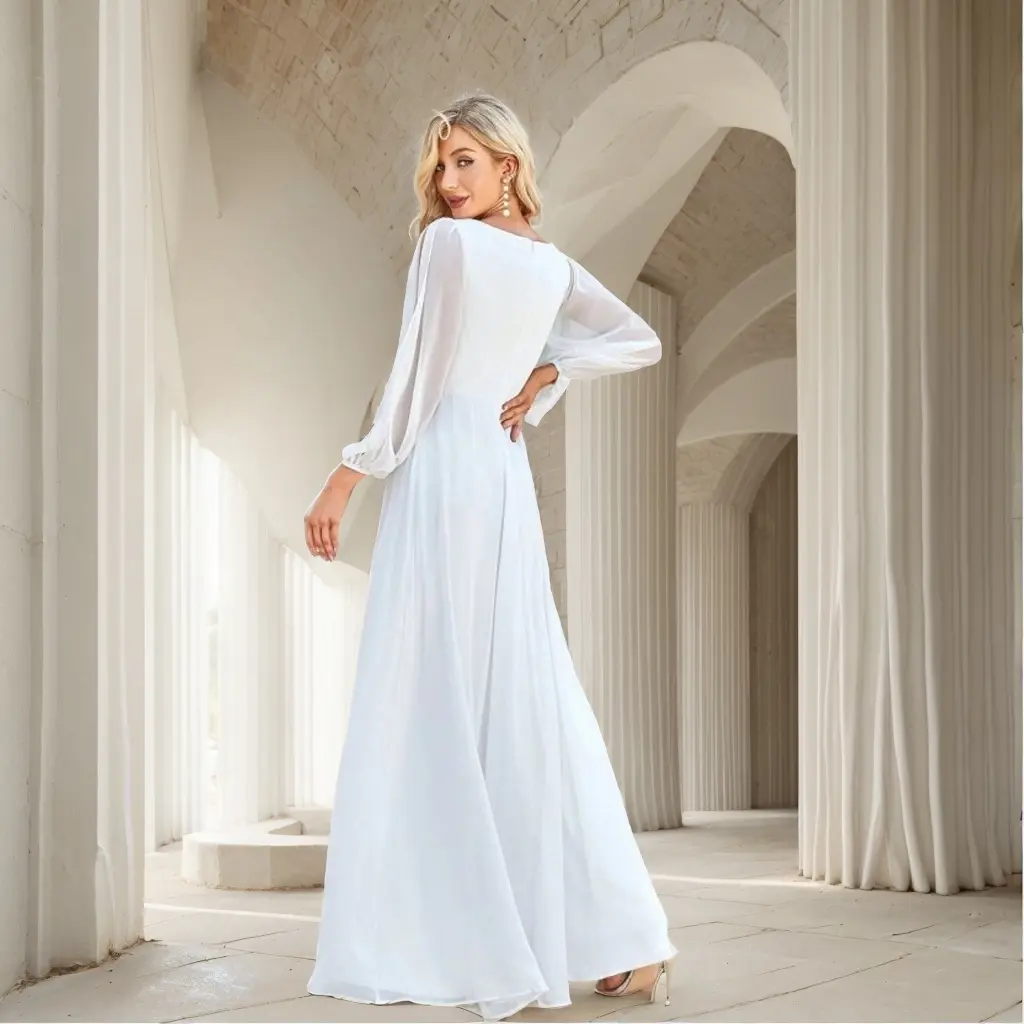 MisShow Elegant Evening Dresses Sexy V-Neck Split Long Sleeve Appliques Empire Prom Dress Chiffon A-Line Wedding Bridal Gowns