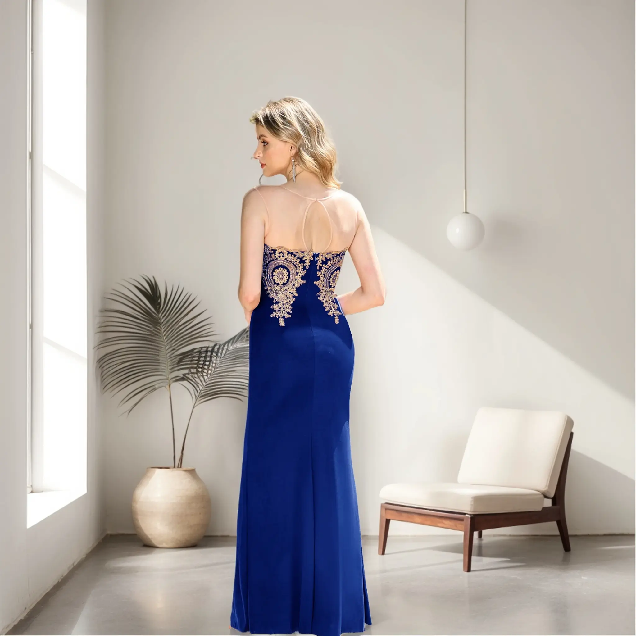 MisShow Elegant Mermaid Prom Dresses Illusion O-Neck Sleeveless Backless Evening Dress Appliques Sweetheart Collar Trumpet Gowns