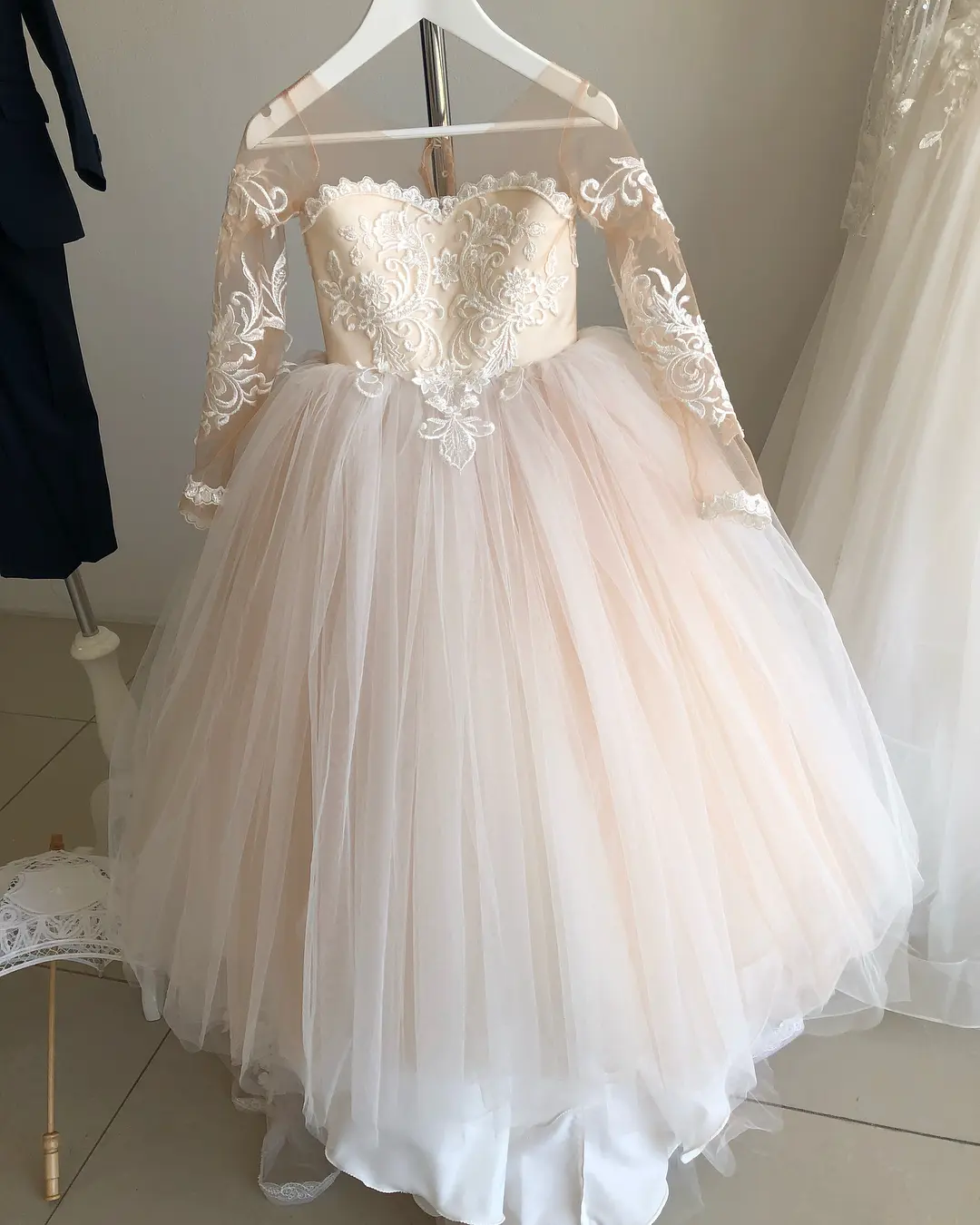 3-9 Years Lace Tulle Flower Girl Dress Up Buttons Bows Children's First Communion Ball Gown Wedding Party Bridesmaid Dress Kids