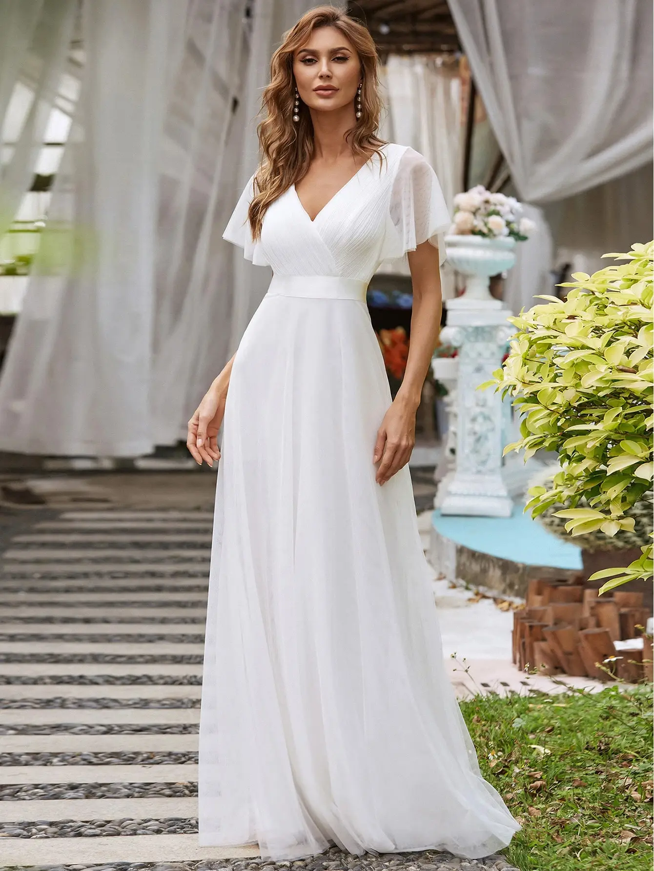 MisShow White Evening Dresses Sheer Tulle Ruffles Short Sleeves V-Neck Wedding Dress Empire Floor-Length Elegant Bridal Gowns
