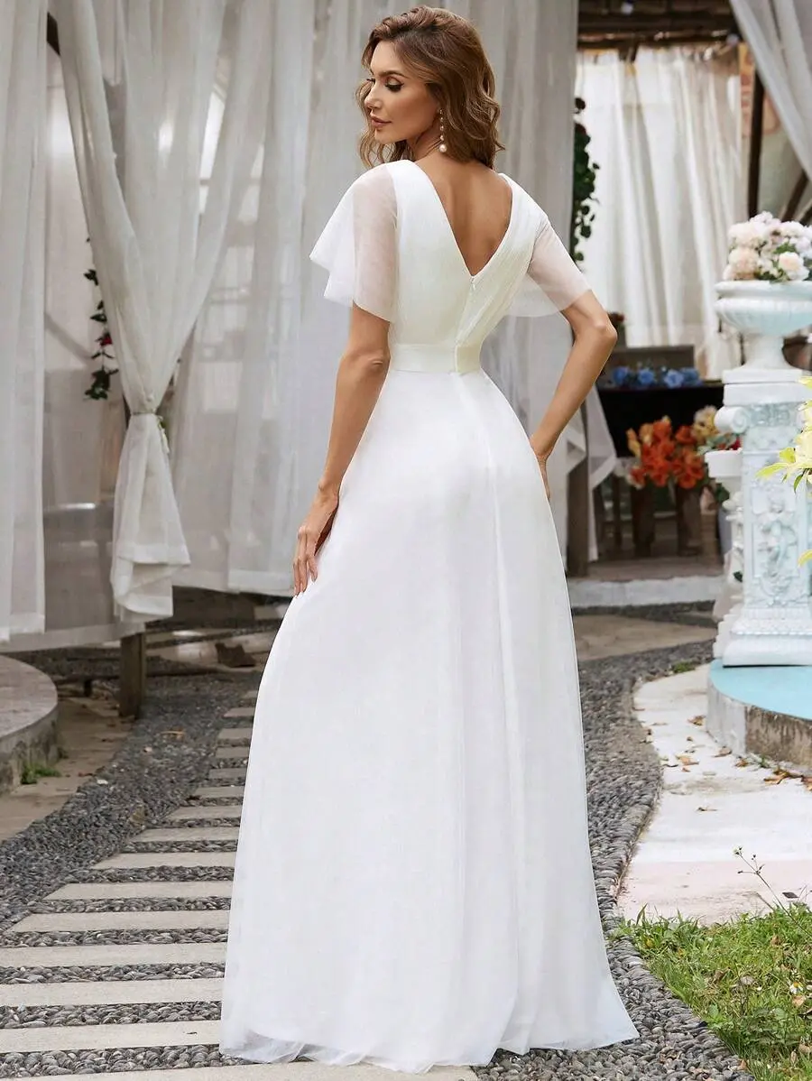 MisShow White Evening Dresses Sheer Tulle Ruffles Short Sleeves V-Neck Wedding Dress Empire Floor-Length Elegant Bridal Gowns