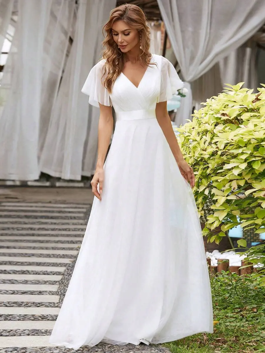 MisShow White Evening Dresses Sheer Tulle Ruffles Short Sleeves V-Neck Wedding Dress Empire Floor-Length Elegant Bridal Gowns