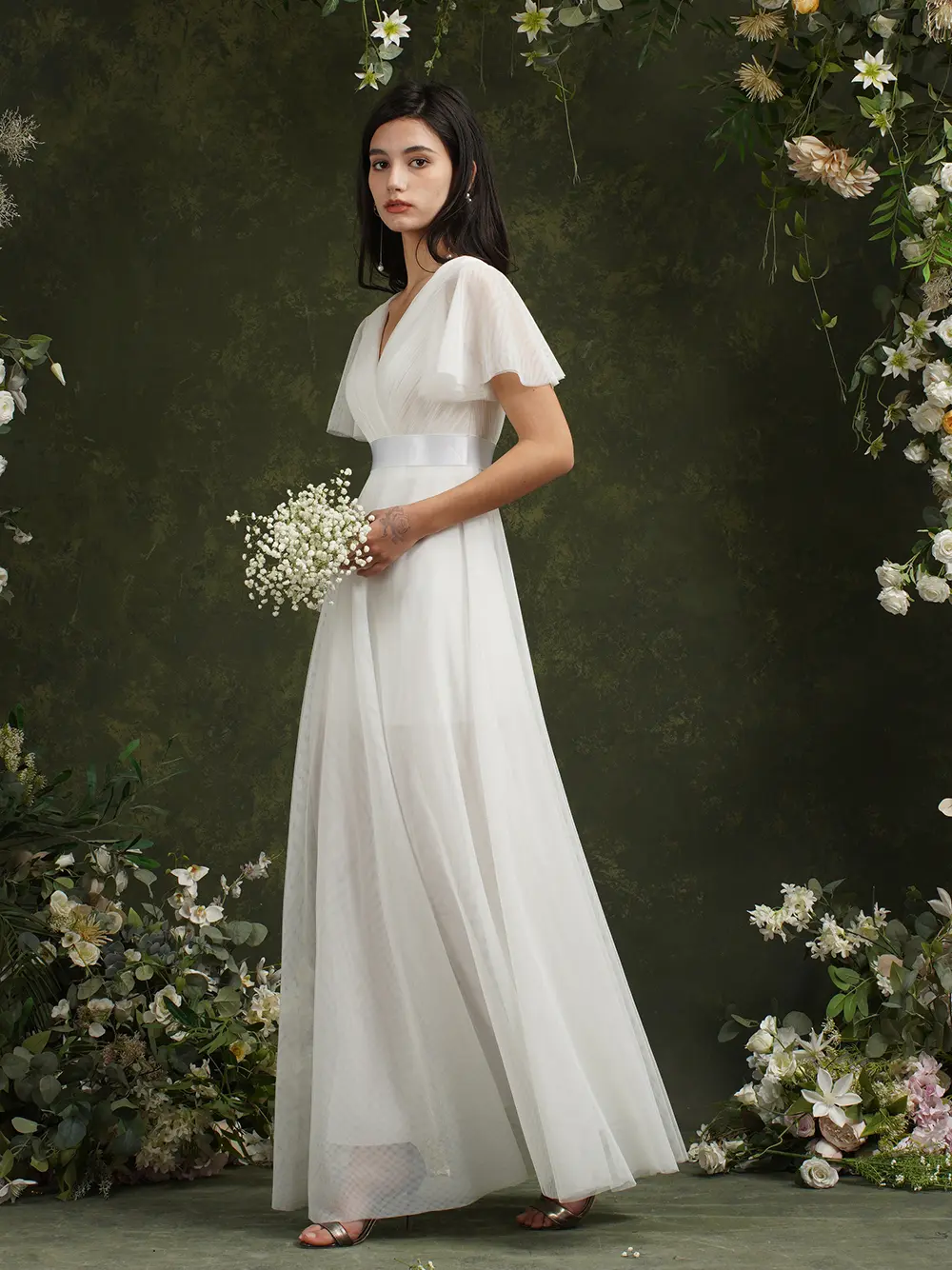 MisShow White Evening Dresses Sheer Tulle Ruffles Short Sleeves V-Neck Wedding Dress Empire Floor-Length Elegant Bridal Gowns