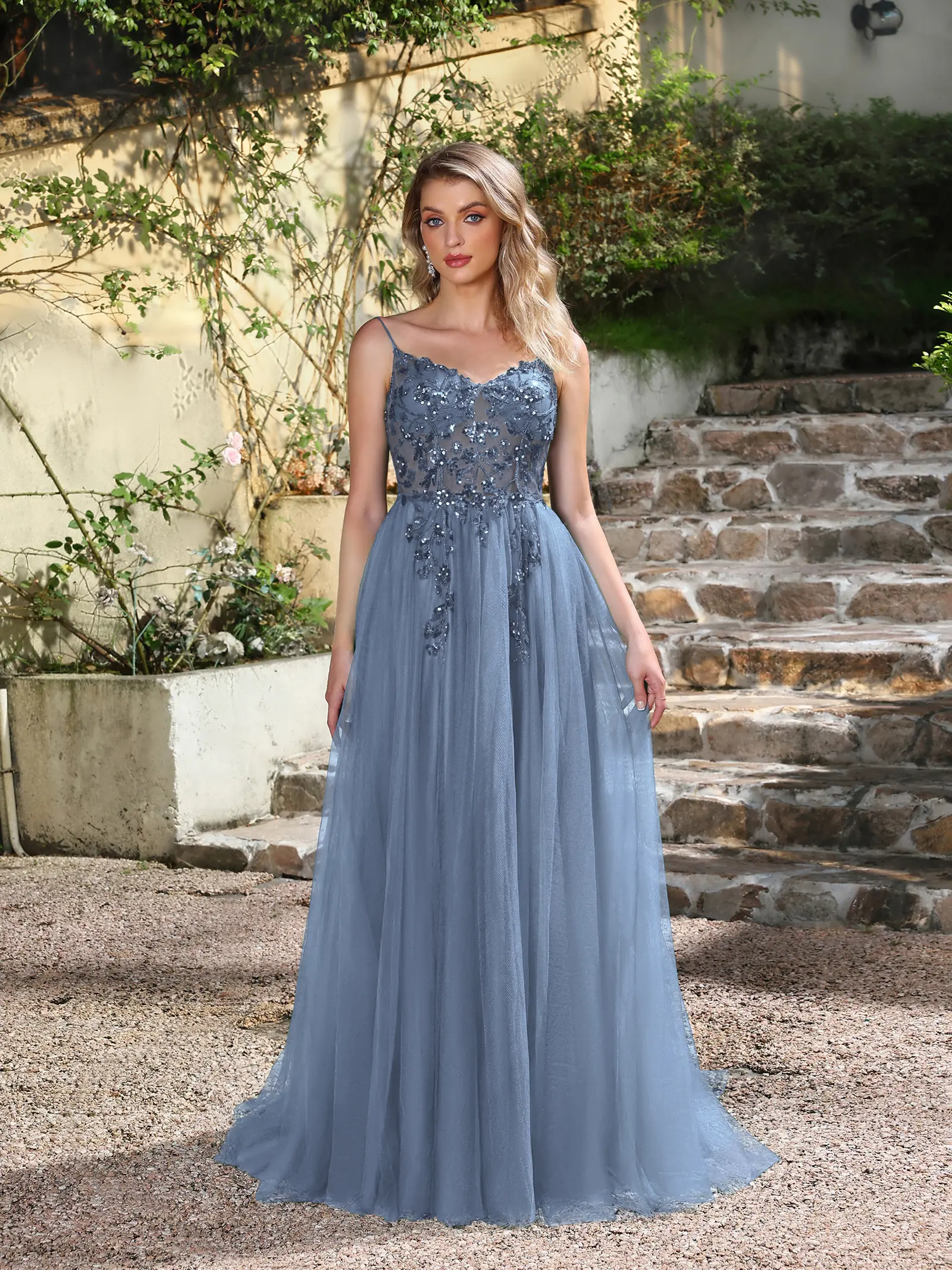 MisShow Sexy Suspender Dress Spaghetti Straps Illusion Applique V-Neck Backless Evening Dress Tulle A-Line Maxi Train Split Gown