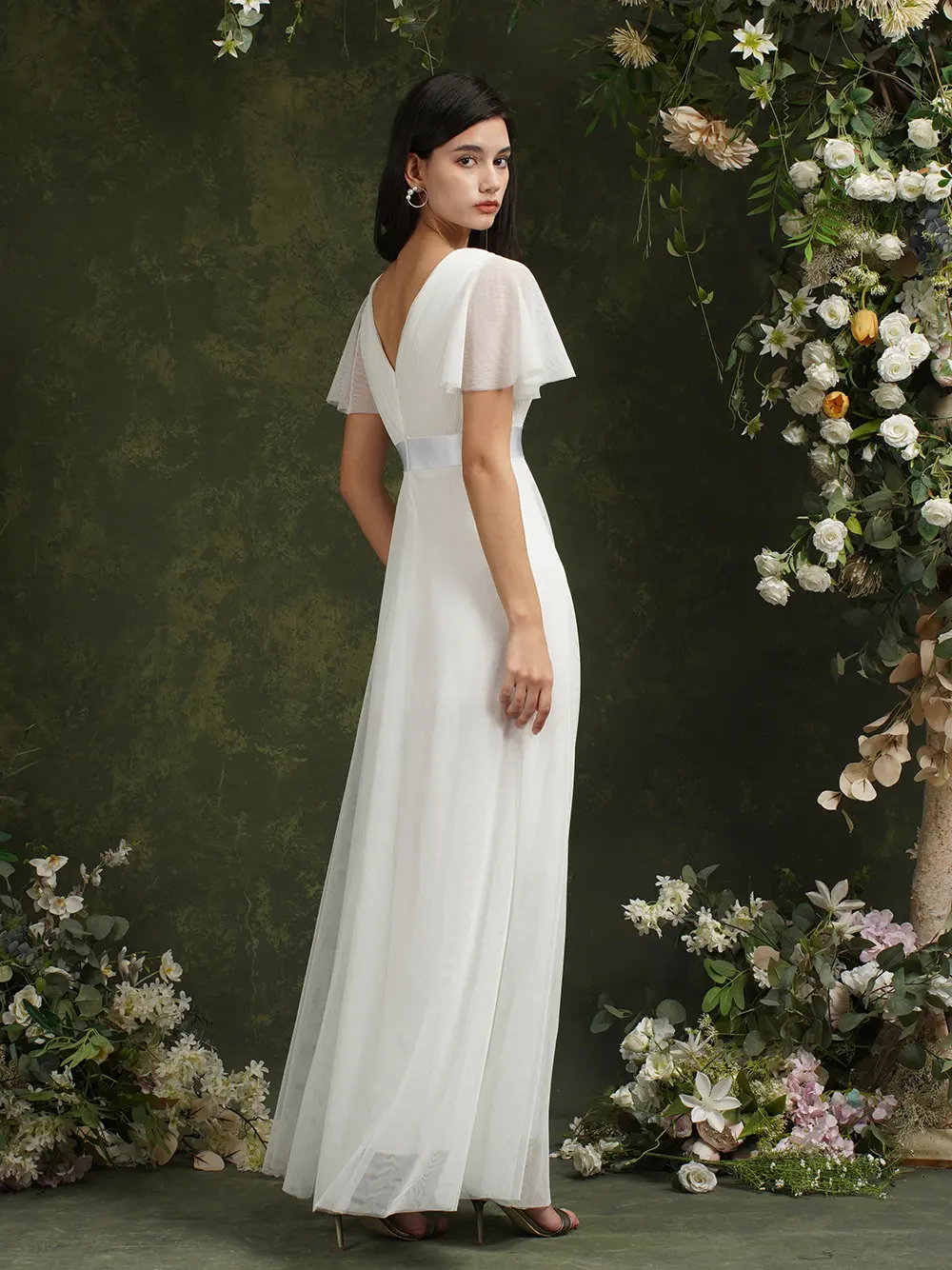 MisShow White Evening Dresses Sheer Tulle Ruffles Short Sleeves V-Neck Wedding Dress Empire Floor-Length Elegant Bridal Gowns