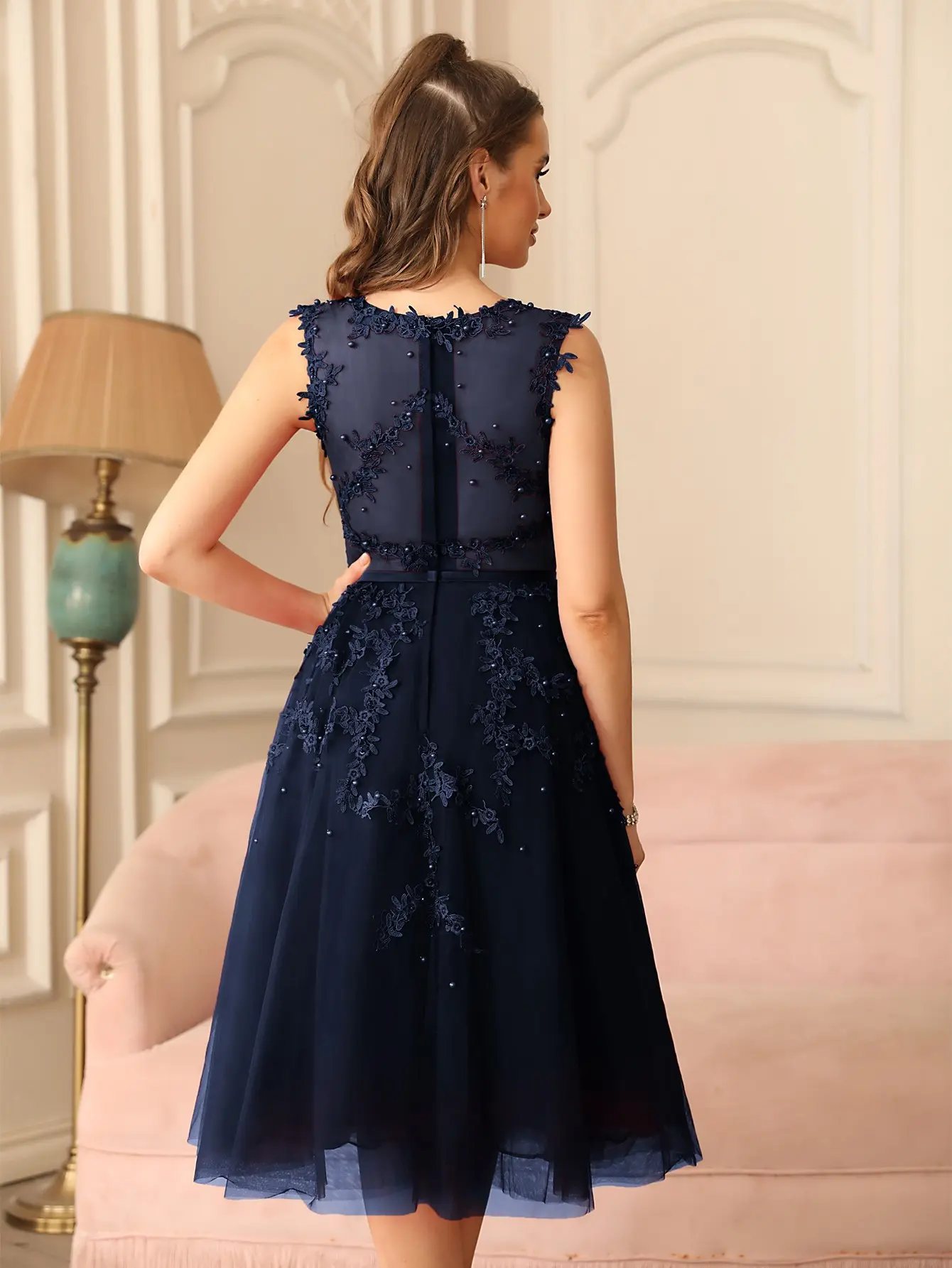 Soft Tulle Evening Dresses Women Appliques Flower Illusion With Sashes Beading Tea Length Formal Party Prom Gown Vestido De Gala