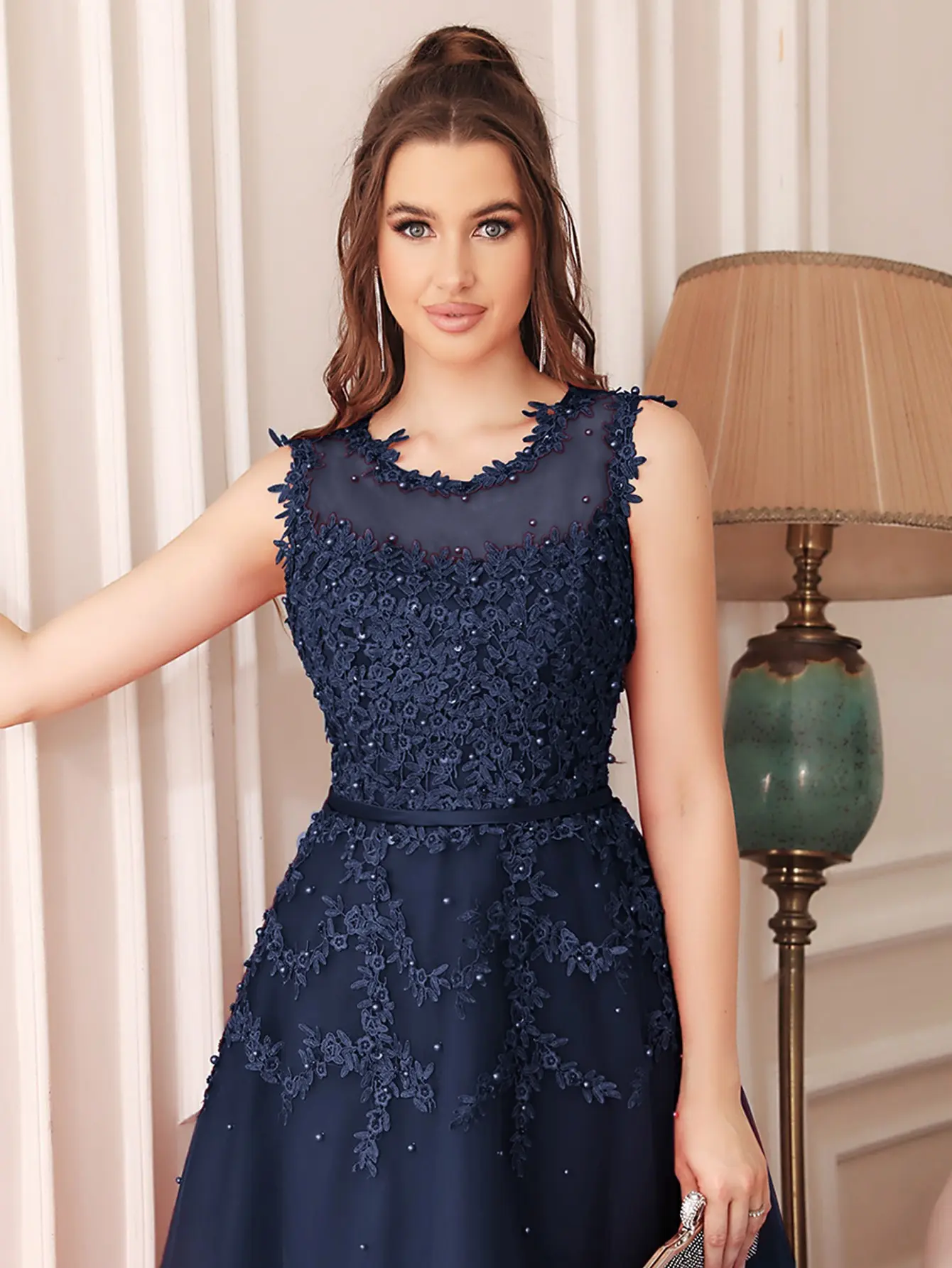 Soft Tulle Evening Dresses Women Appliques Flower Illusion With Sashes Beading Tea Length Formal Party Prom Gown Vestido De Gala