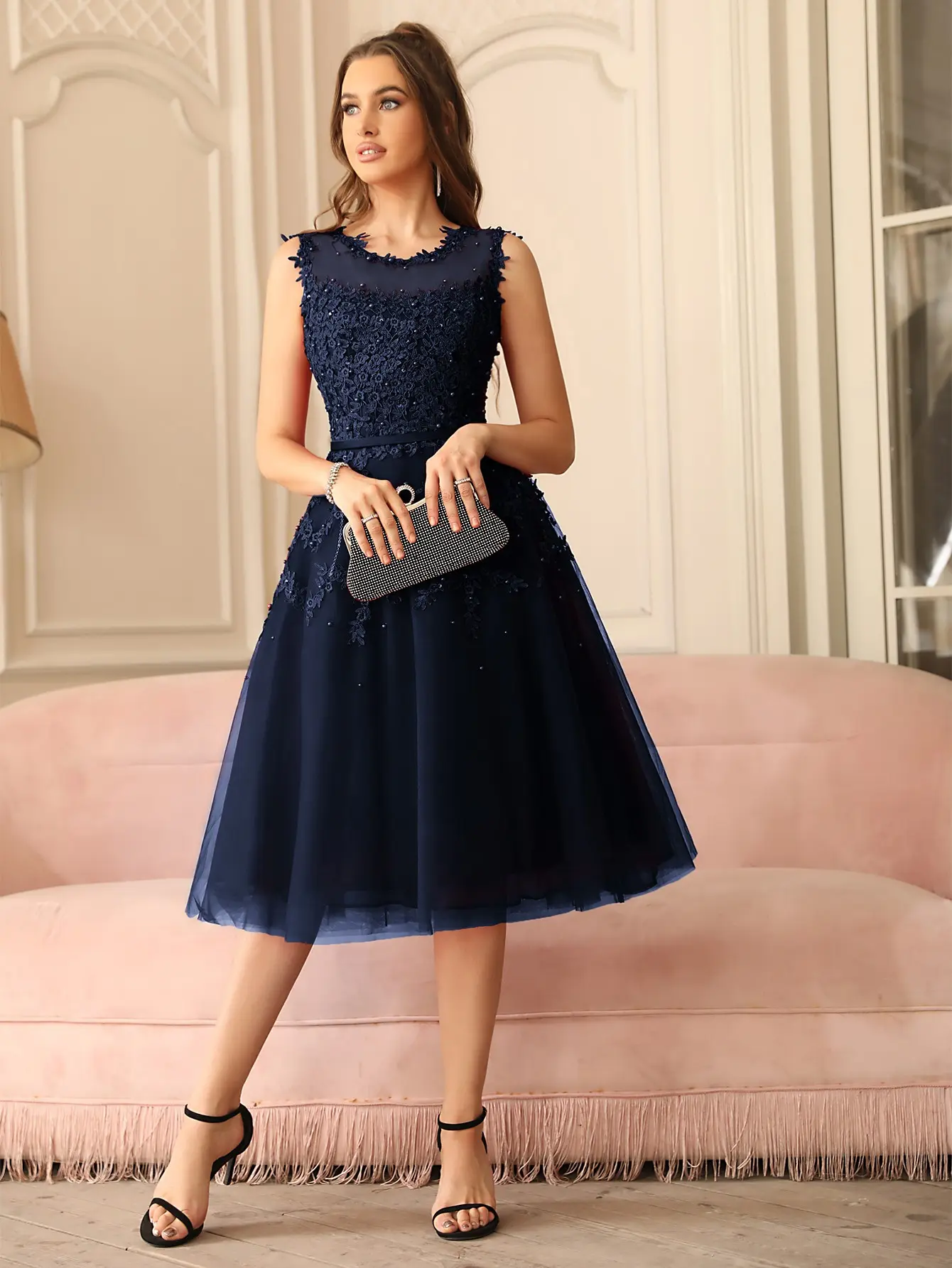 Soft Tulle Evening Dresses Women Appliques Flower Illusion With Sashes Beading Tea Length Formal Party Prom Gown Vestido De Gala