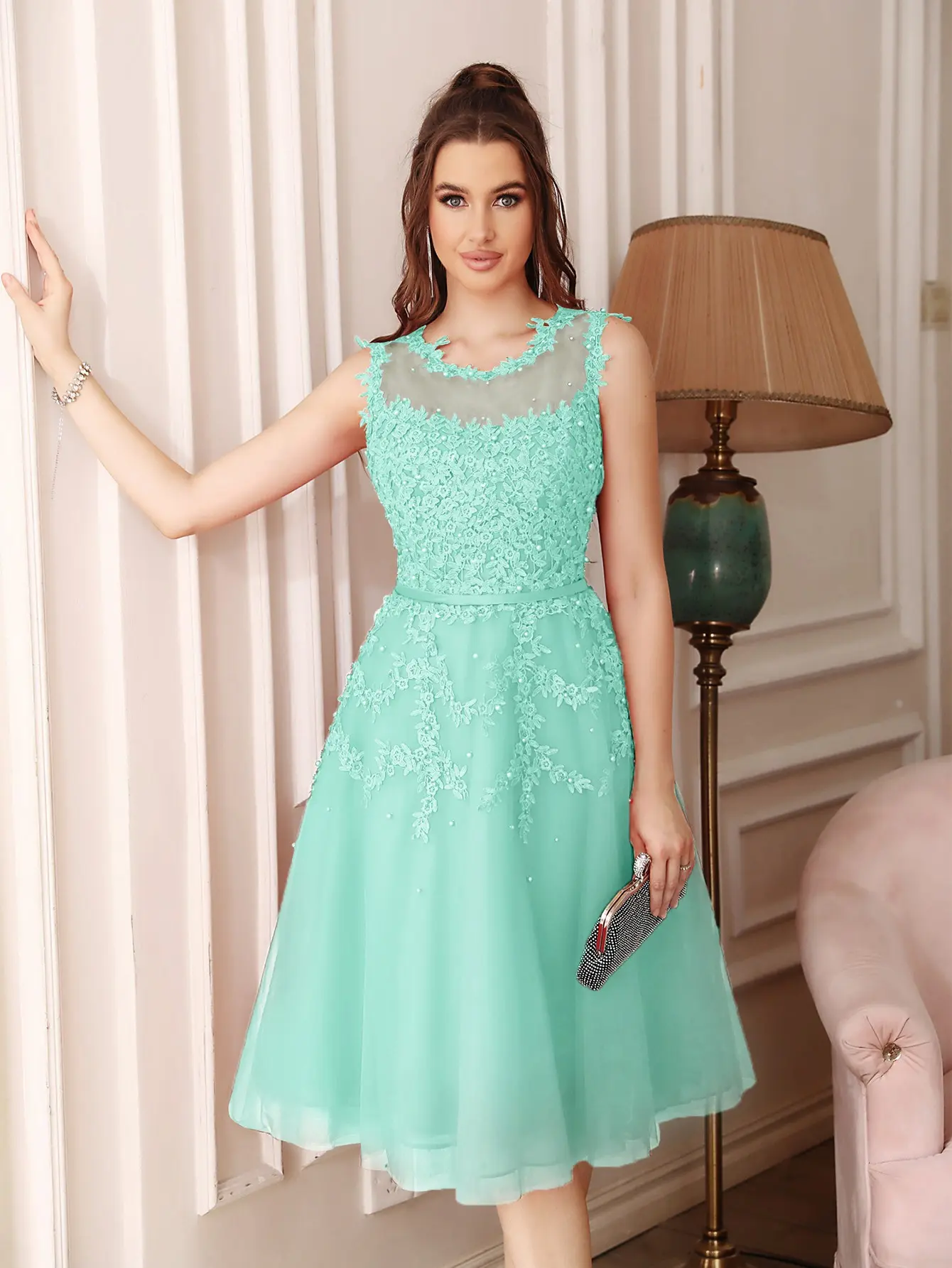 Soft Tulle Evening Dresses Women Appliques Flower Illusion With Sashes Beading Tea Length Formal Party Prom Gown Vestido De Gala