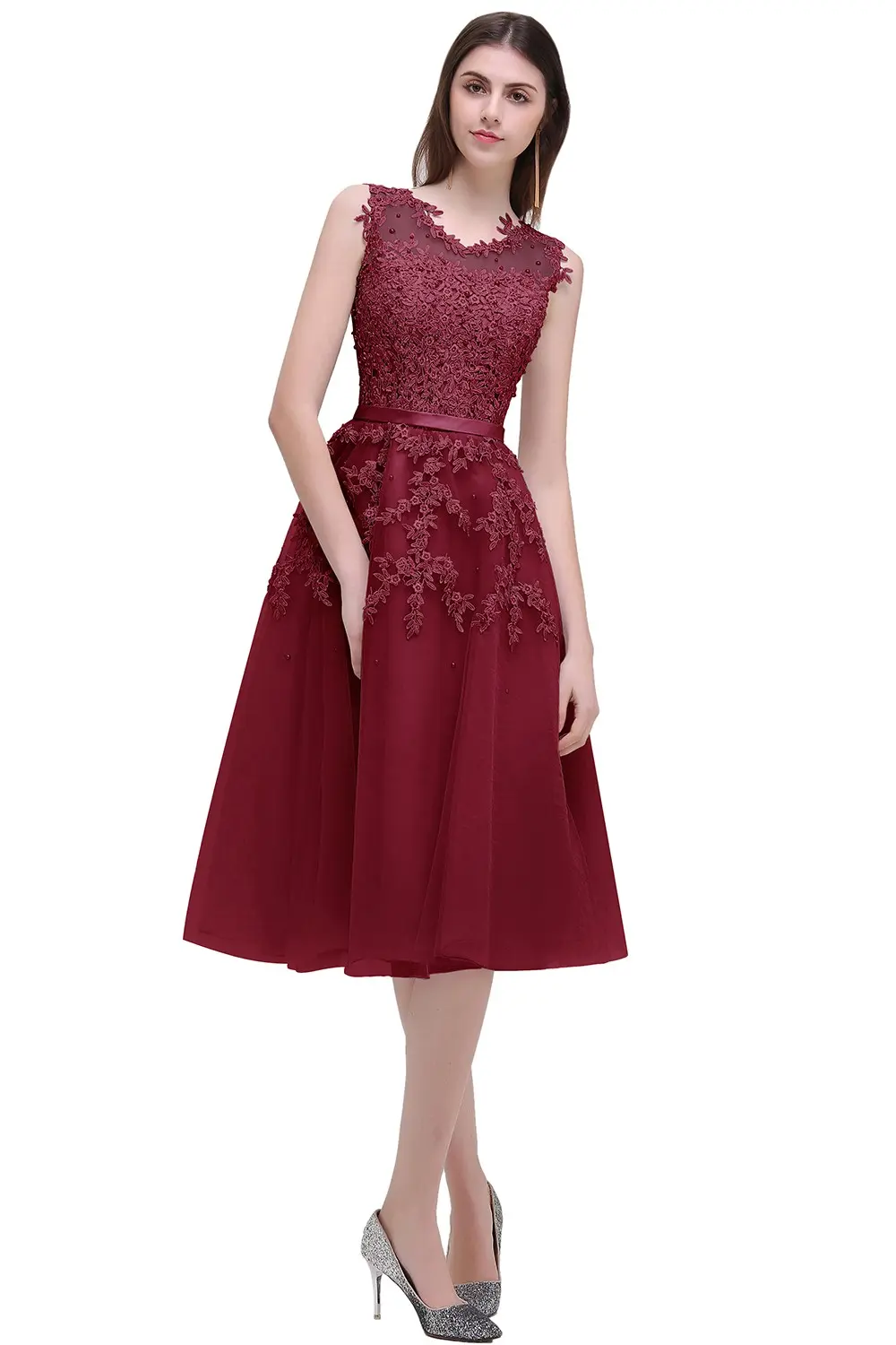 Soft Tulle Evening Dresses Women Appliques Flower Illusion With Sashes Beading Tea Length Formal Party Prom Gown Vestido De Gala