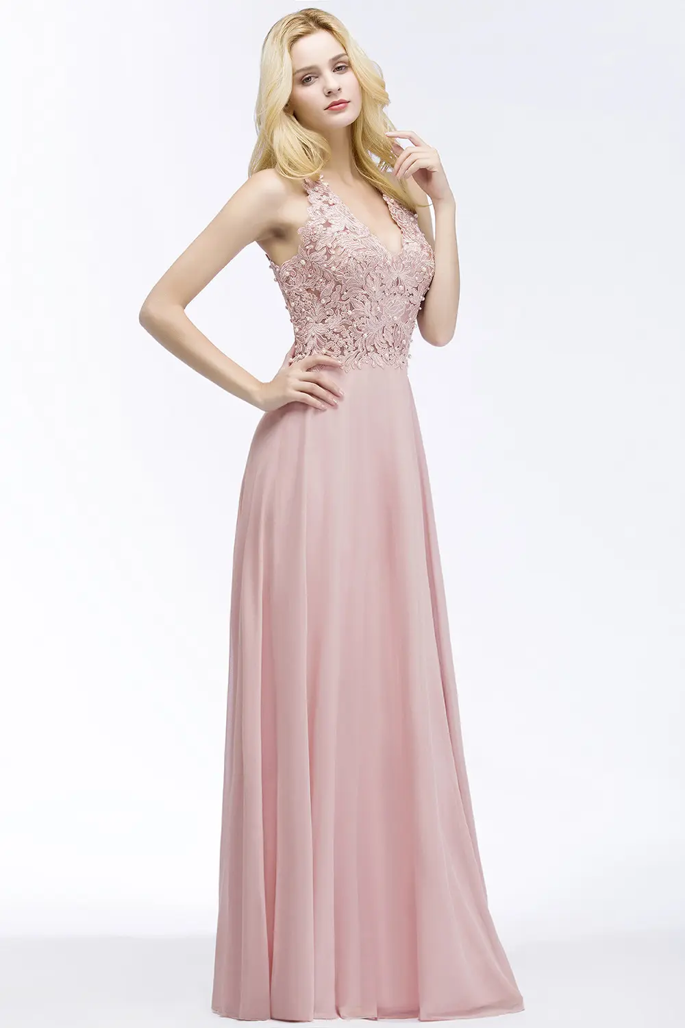 Dusty Pink Halter Neck Lace Pearls Evening Dresses Long Sexy Open Back Chiffon Formal Party Prom Gowns Vestido De Gala Jurken