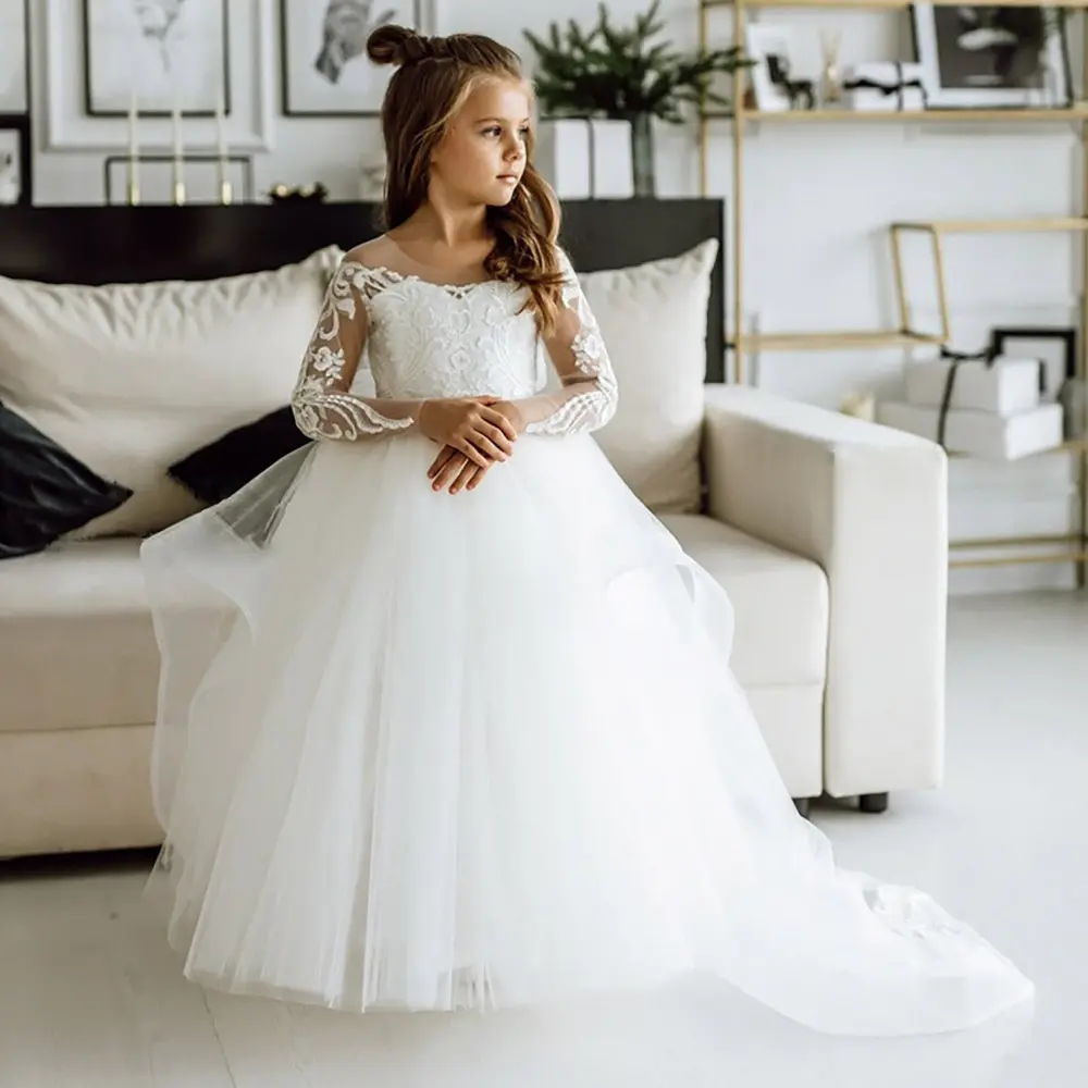 Long Sleeve Cute Girls Wedding Dress Lace Tulle Flower Girl Princess Wedding Party Gown Ball Gown Junior Bridesmaid Girls Dress