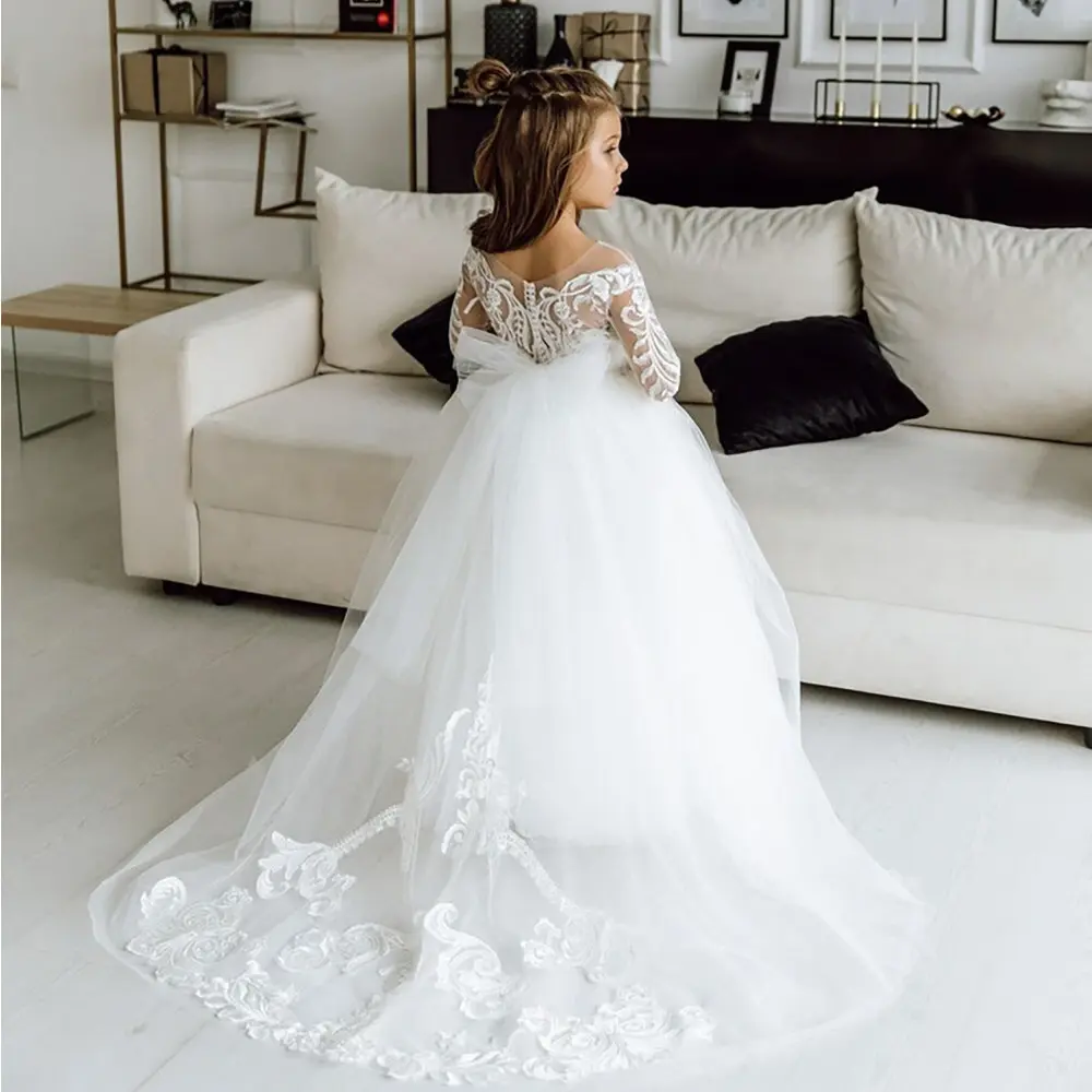 Long Sleeve Cute Girls Wedding Dress Lace Tulle Flower Girl Princess Wedding Party Gown Ball Gown Junior Bridesmaid Girls Dress