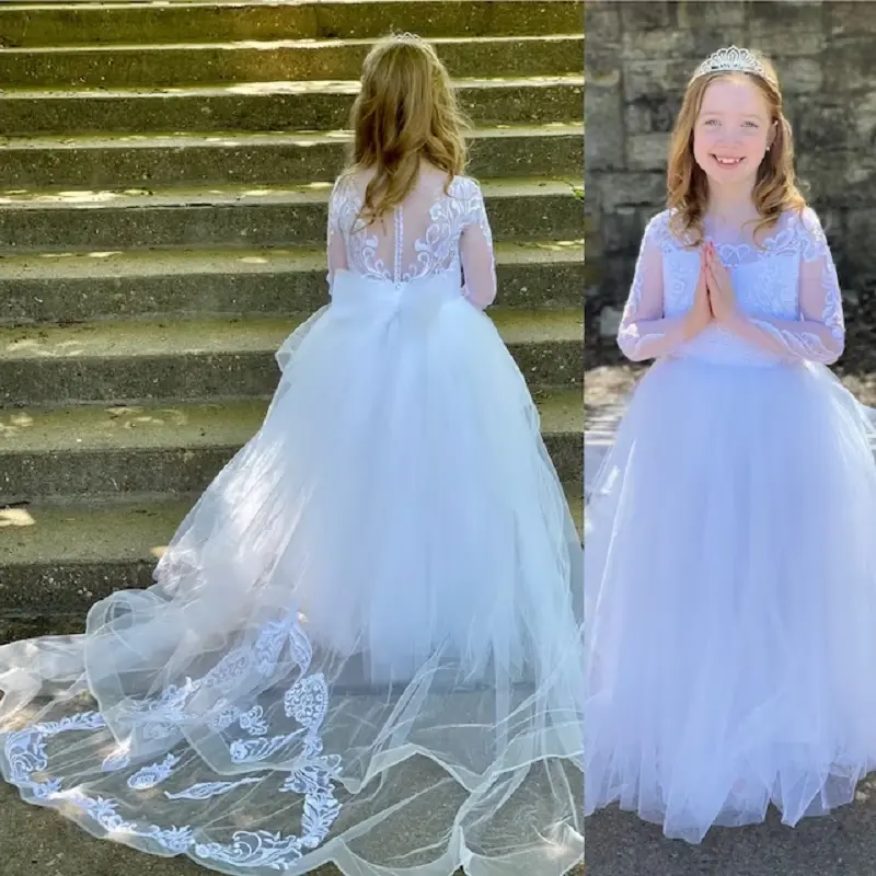 Long Sleeve Cute Girls Wedding Dress Lace Tulle Flower Girl Princess Wedding Party Gown Ball Gown Junior Bridesmaid Girls Dress