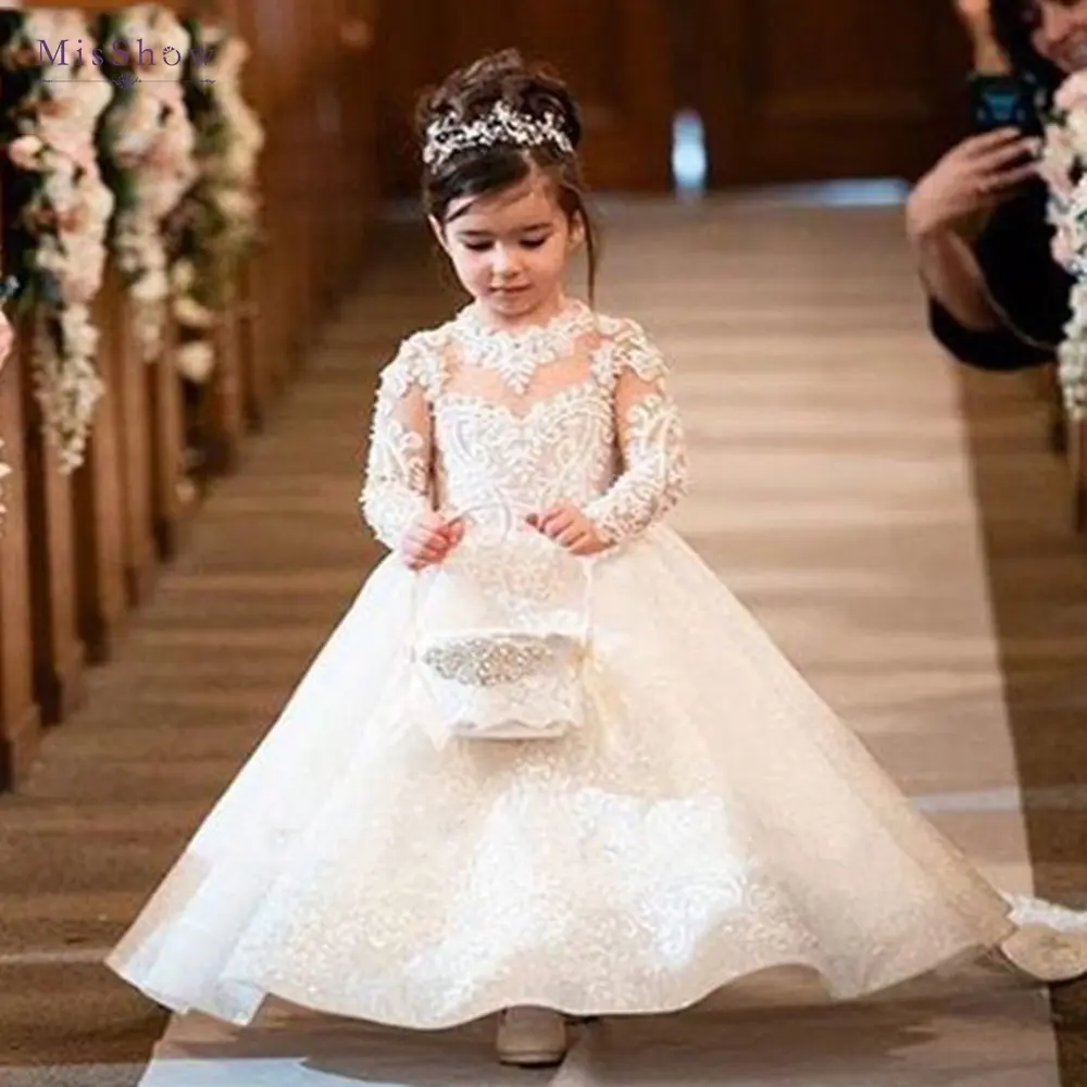 MisShow Princess Lace Flower Girl Dresses Long Sleeves Floor Length Pageant Dresses First Communion Dresses Ball Gowns For Girl